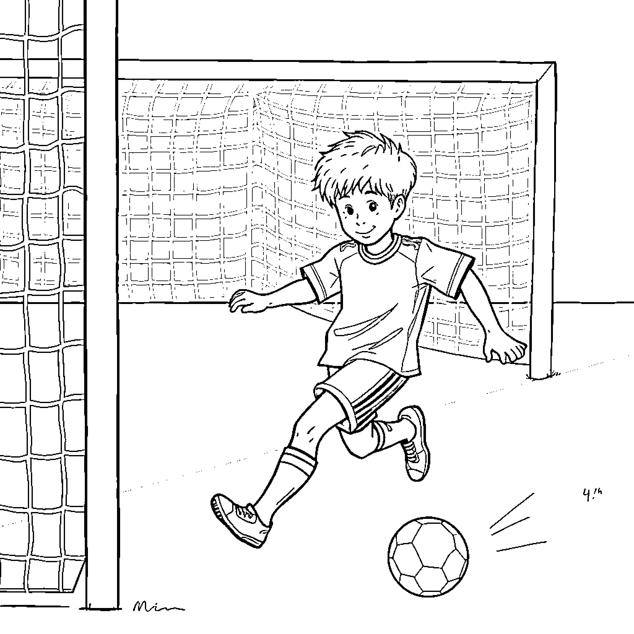 Boy playing soccer in the stadium Coloring Page (free black-and-white line drawing printable PDF for all, from beginners to advanced learners, including children, teens, adults, and seniors)