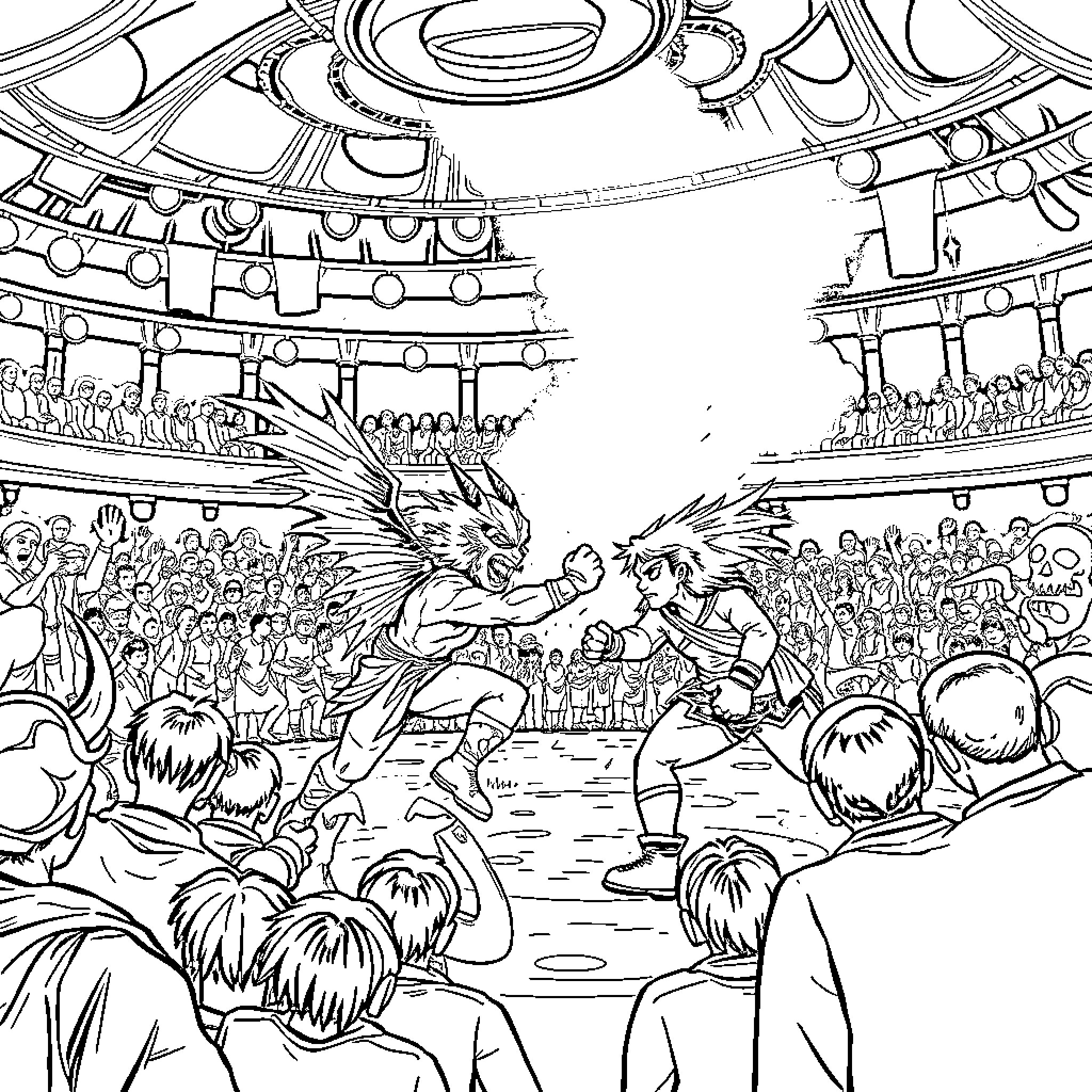 Huntrix: Gladiatorial Combat in an Opulent Arena Coloring Page (free black-and-white line drawing printable PDF for all, from beginners to advanced learners, including children, teens, adults, and seniors)