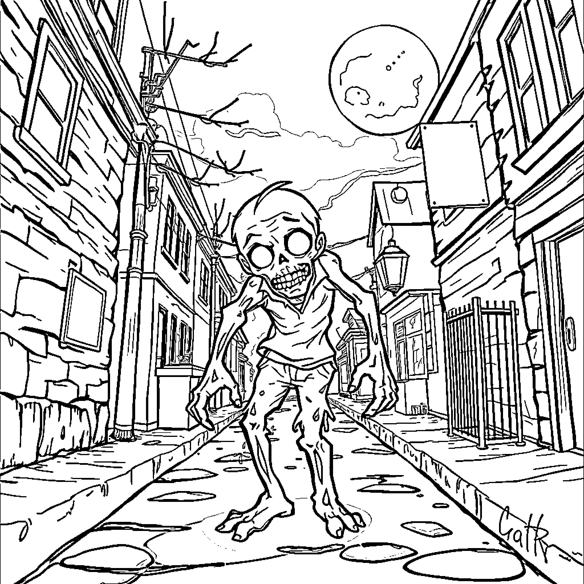 Zombie stalking an eerie, dilapidated urban scene Coloring Page (free black-and-white line drawing printable PDF for all, from beginners to advanced learners, including children, teens, adults, and seniors)