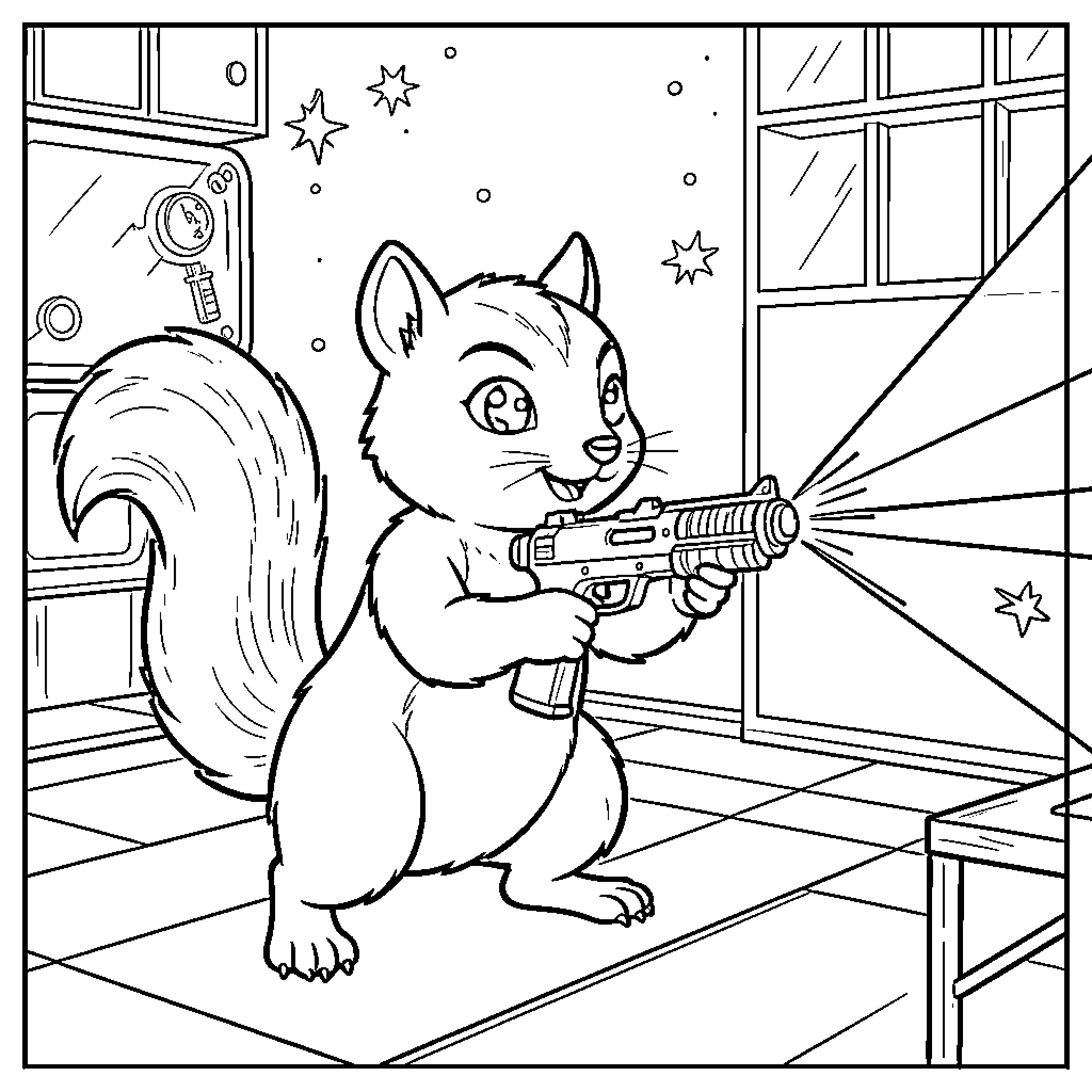 Squirrel holding a futuristic ray gun in a room Coloring Page (free black-and-white line drawing printable PDF for all, from beginners to advanced learners, including children, teens, adults, and seniors)