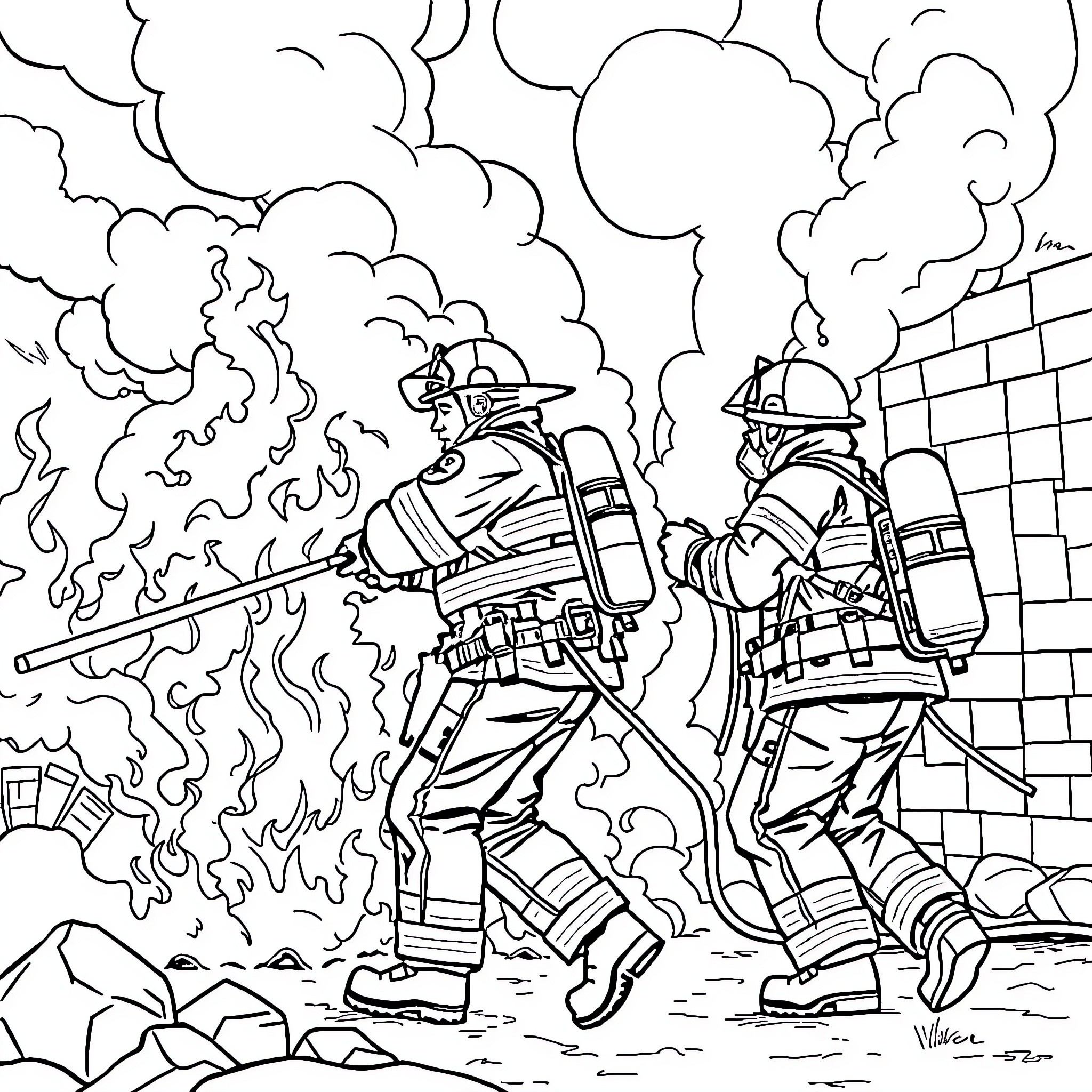 Firefighters battling a blaze in a dangerous situation Coloring Page (free black-and-white line drawing printable PDF for all, from beginners to advanced learners, including children, teens, adults, and seniors)