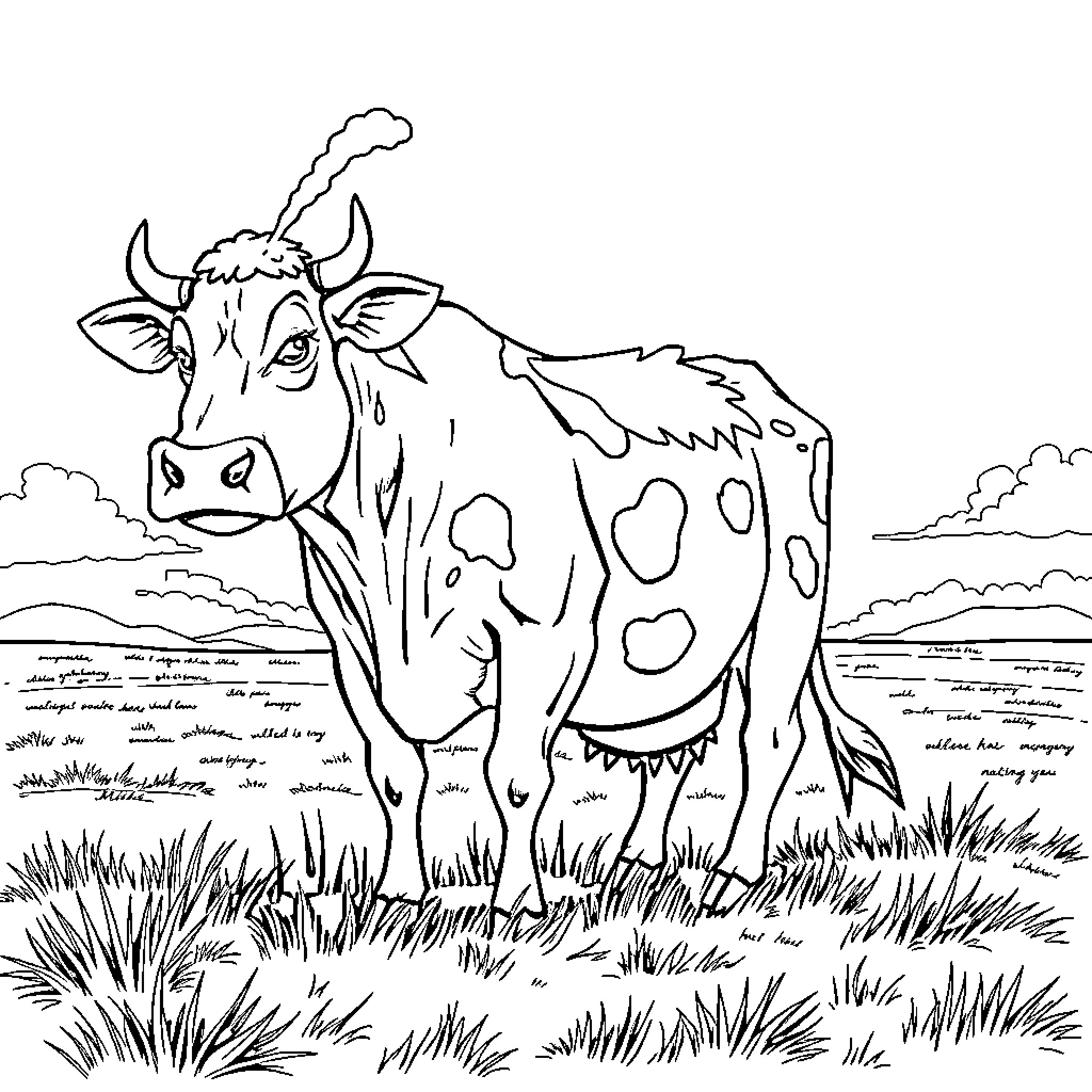 Cow standing in a grassy field Coloring Page (free black-and-white line drawing printable PDF for all, from beginners to advanced learners, including children, teens, adults, and seniors)