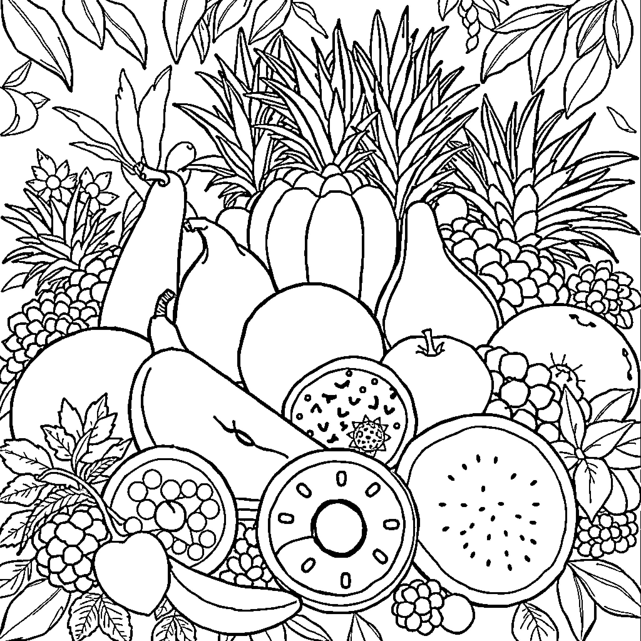 Fruit Variety in Vibrant Floral Setting Coloring Page (free black-and-white line drawing printable PDF for all, from beginners to advanced learners, including children, teens, adults, and seniors)