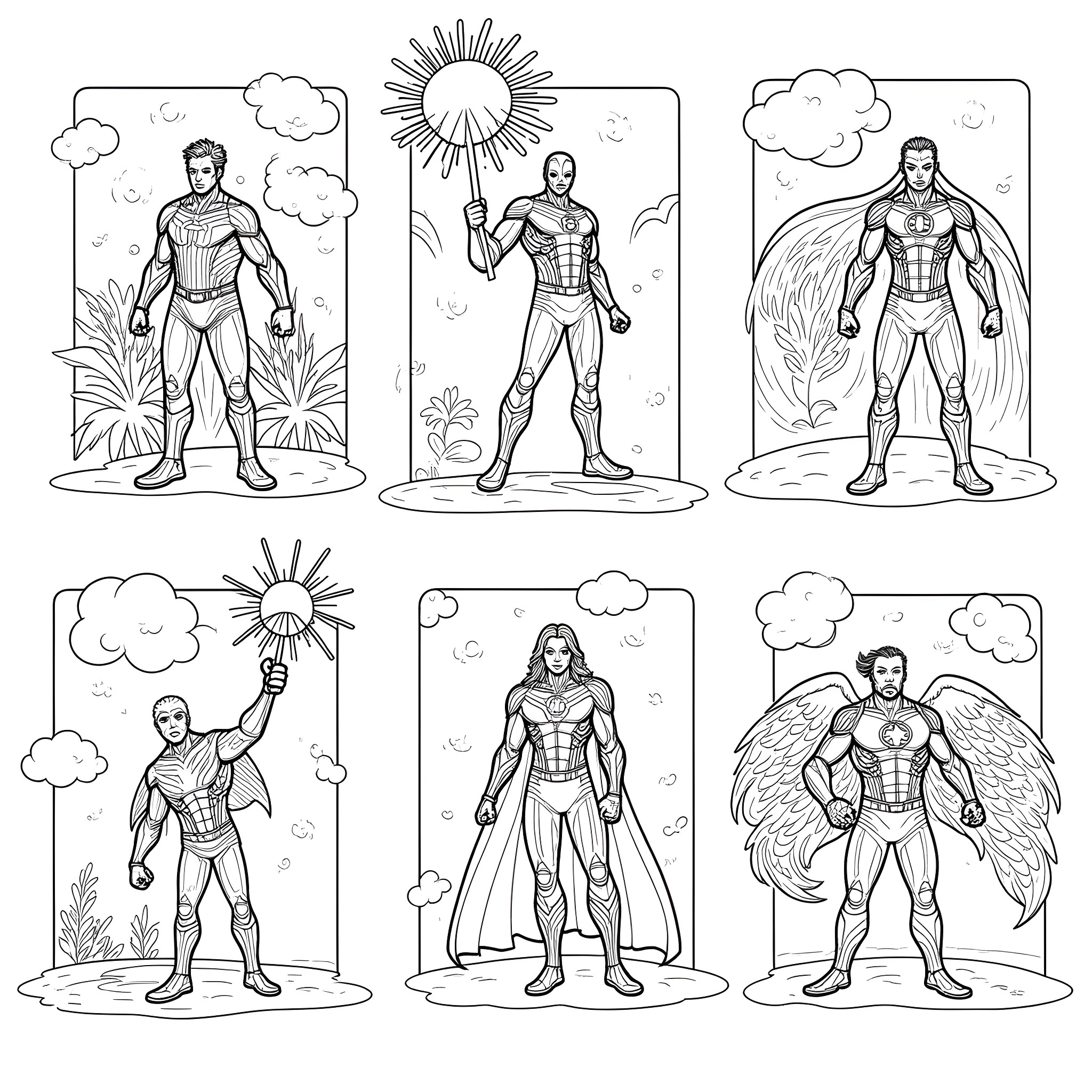 Marvel Characters in Action Poses and Scenes Coloring Page (free black-and-white line drawing printable PDF for all, from beginners to advanced learners, including children, teens, adults, and seniors)