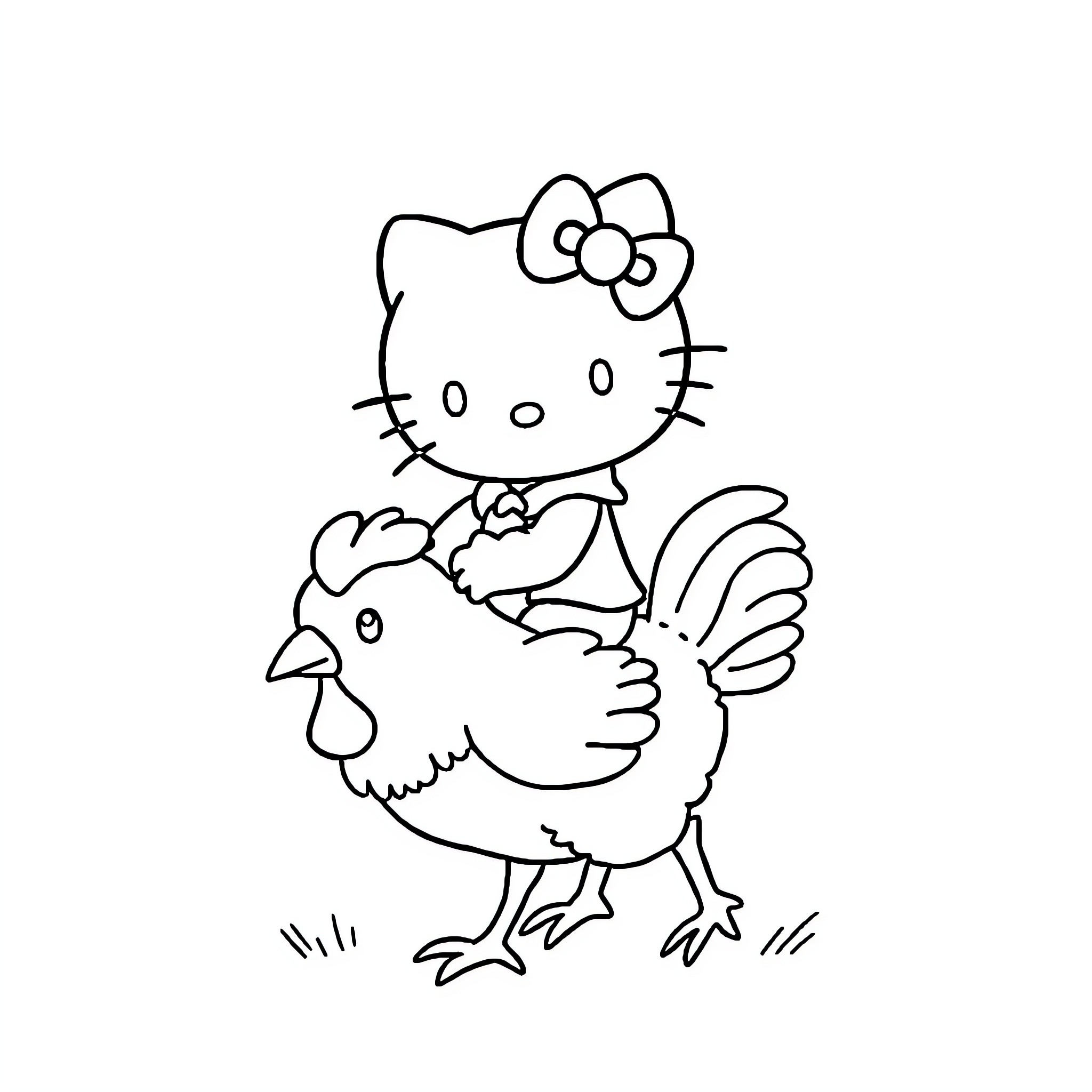 Hello Kitty holding a chicken Coloring Page (free black-and-white line drawing printable PDF for all, from beginners to advanced learners, including children, teens, adults, and seniors)