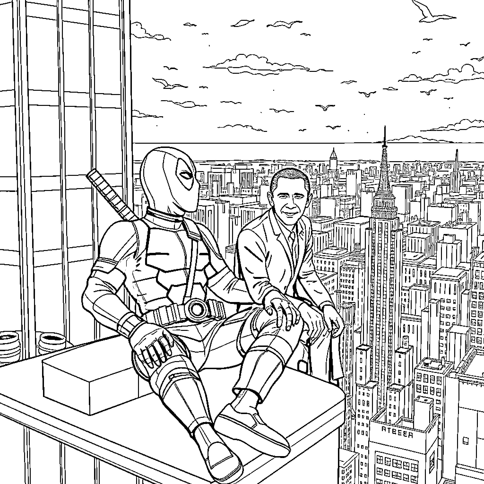 Deadpool and a man overlooking a city skyline Coloring Page (free black-and-white line drawing printable PDF for all, from beginners to advanced learners, including children, teens, adults, and seniors)
