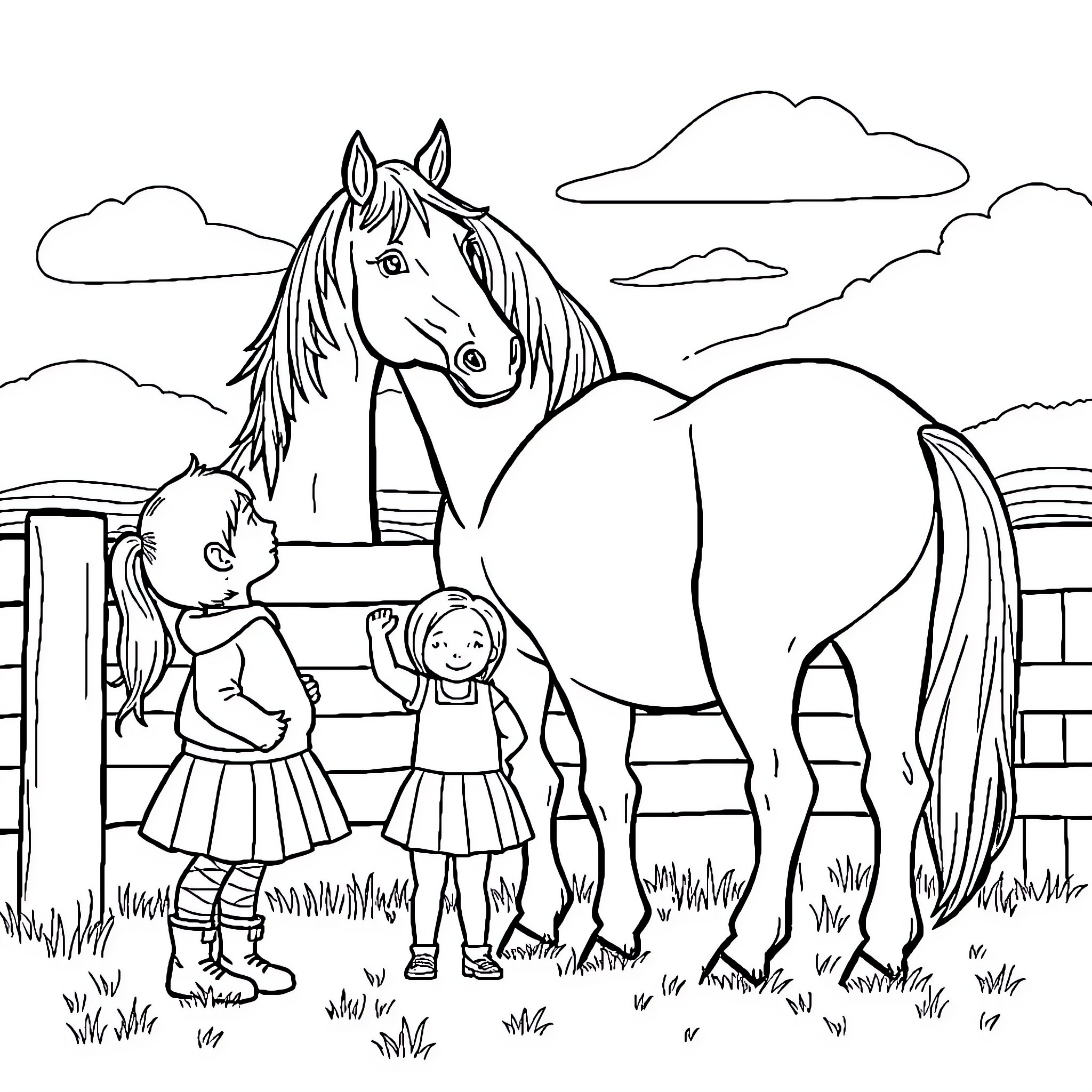 Child petting a friendly horse on the farm Coloring Page (free black-and-white line drawing printable PDF for all, from beginners to advanced learners, including children, teens, adults, and seniors)