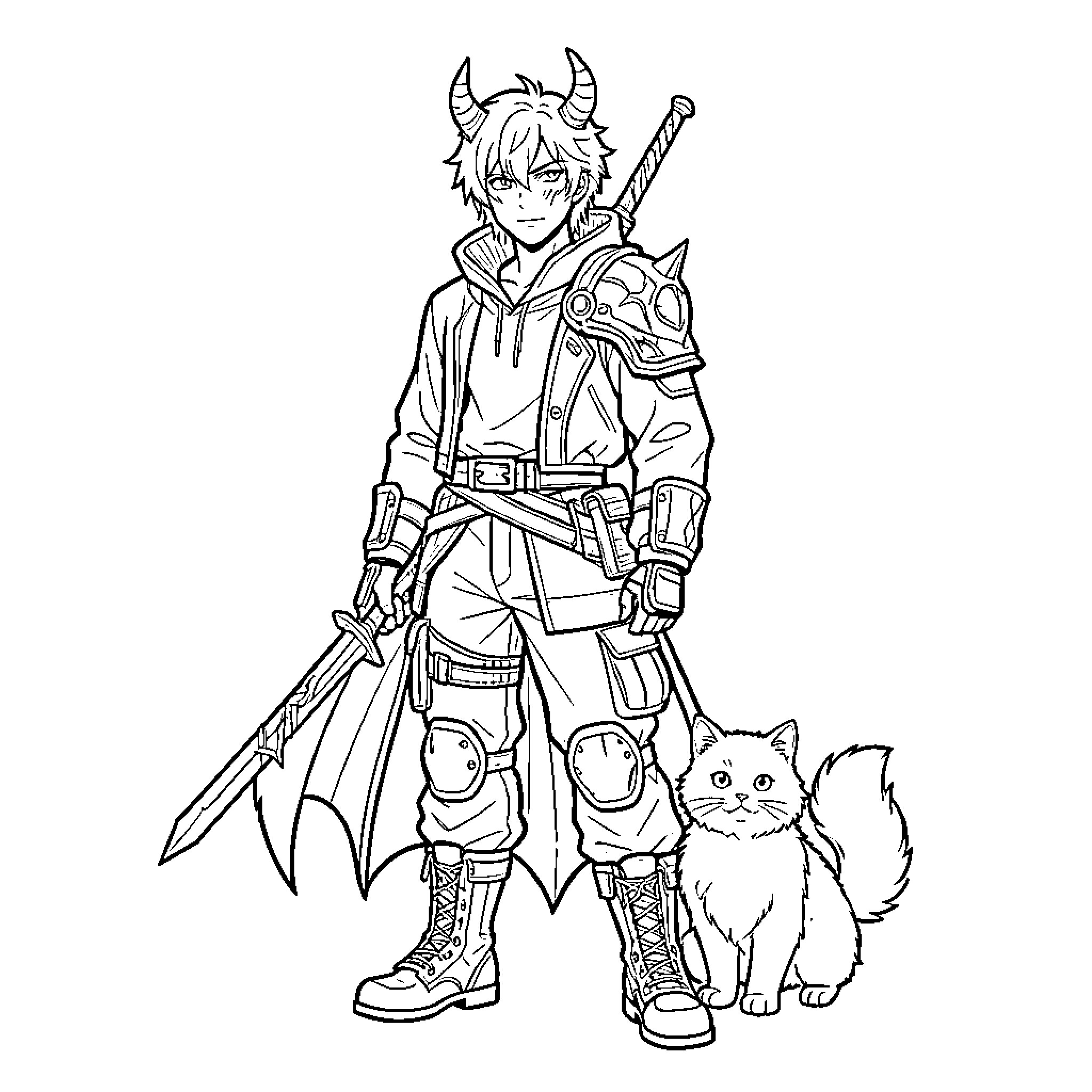 Demon Hunter in Heroic Attire with Loyal Feline Companion Coloring Page (free black-and-white line drawing printable PDF for all, from beginners to advanced learners, including children, teens, adults, and seniors)