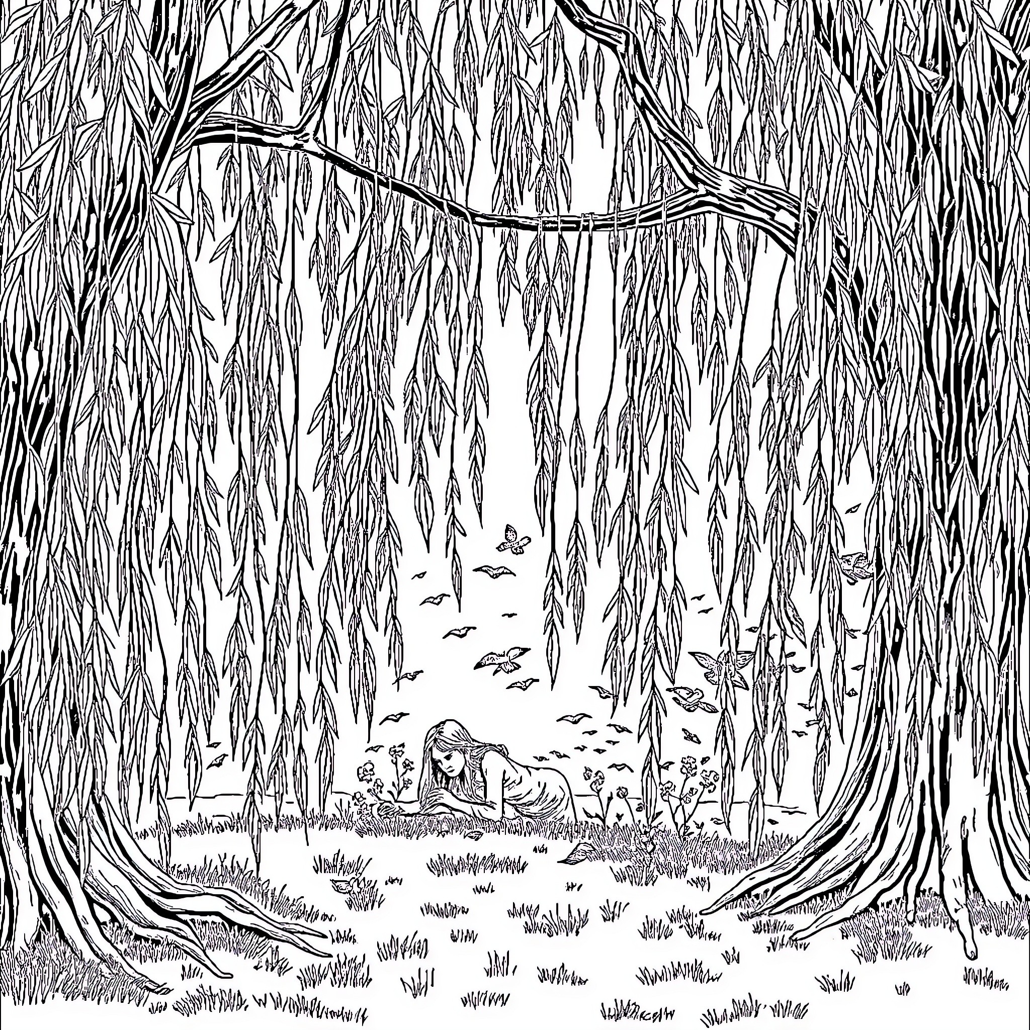 Woman resting beneath the serene willow tree Coloring Page (free black-and-white line drawing printable PDF for all, from beginners to advanced learners, including children, teens, adults, and seniors)
