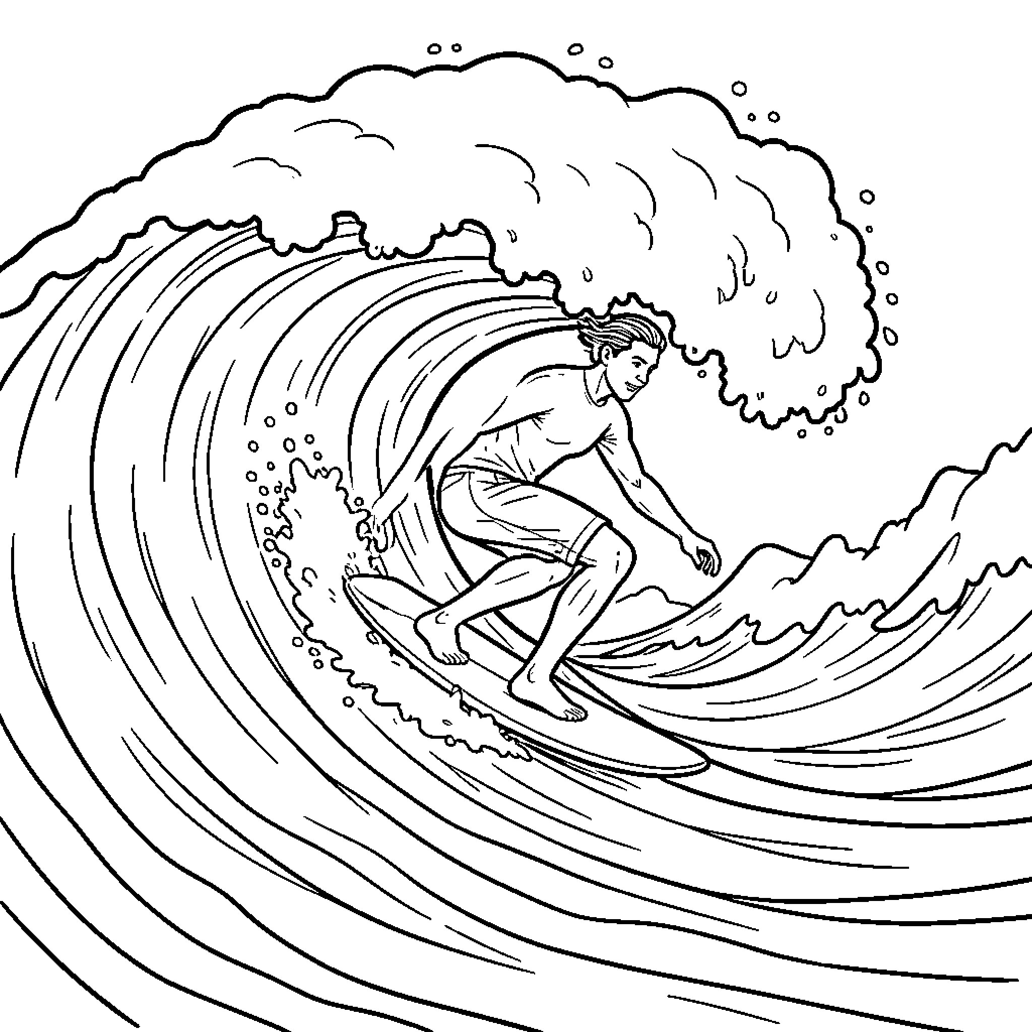 Surfer riding a massive wave Coloring Page (free black-and-white line drawing printable PDF for all, from beginners to advanced learners, including children, teens, adults, and seniors)