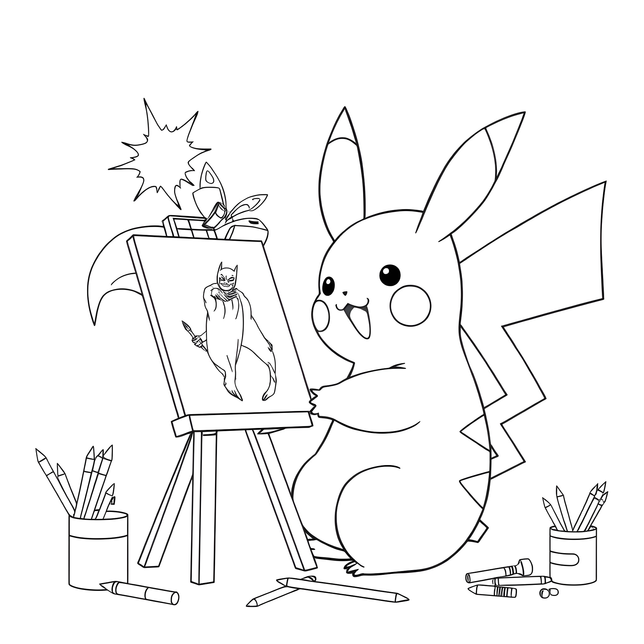 Pikachu painting an image of Batman Coloring Page (free black-and-white line drawing printable PDF for all, from beginners to advanced learners, including children, teens, adults, and seniors)