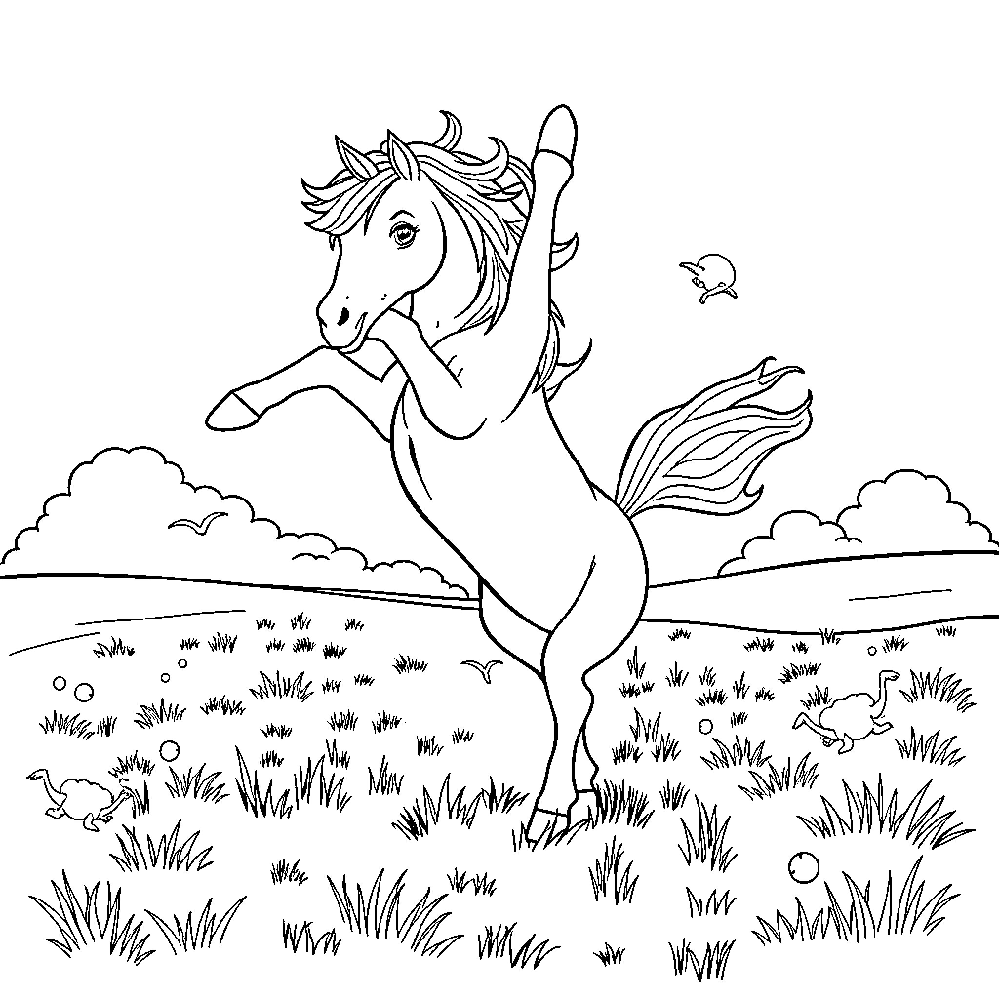 Huntrix Unicorn Frolicking in Meadow Coloring Page (free black-and-white line drawing printable PDF for all, from beginners to advanced learners, including children, teens, adults, and seniors)