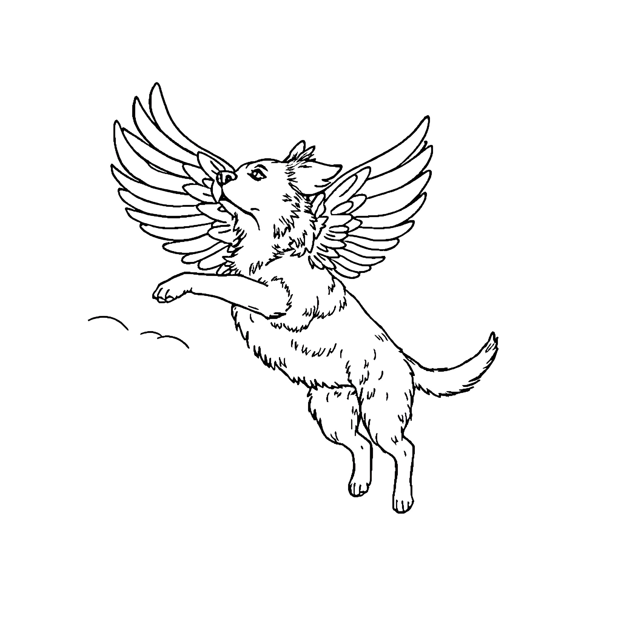 Winged Dog Flying with Outstretched Wings Coloring Page (free black-and-white line drawing printable PDF for all, from beginners to advanced learners, including children, teens, adults, and seniors)