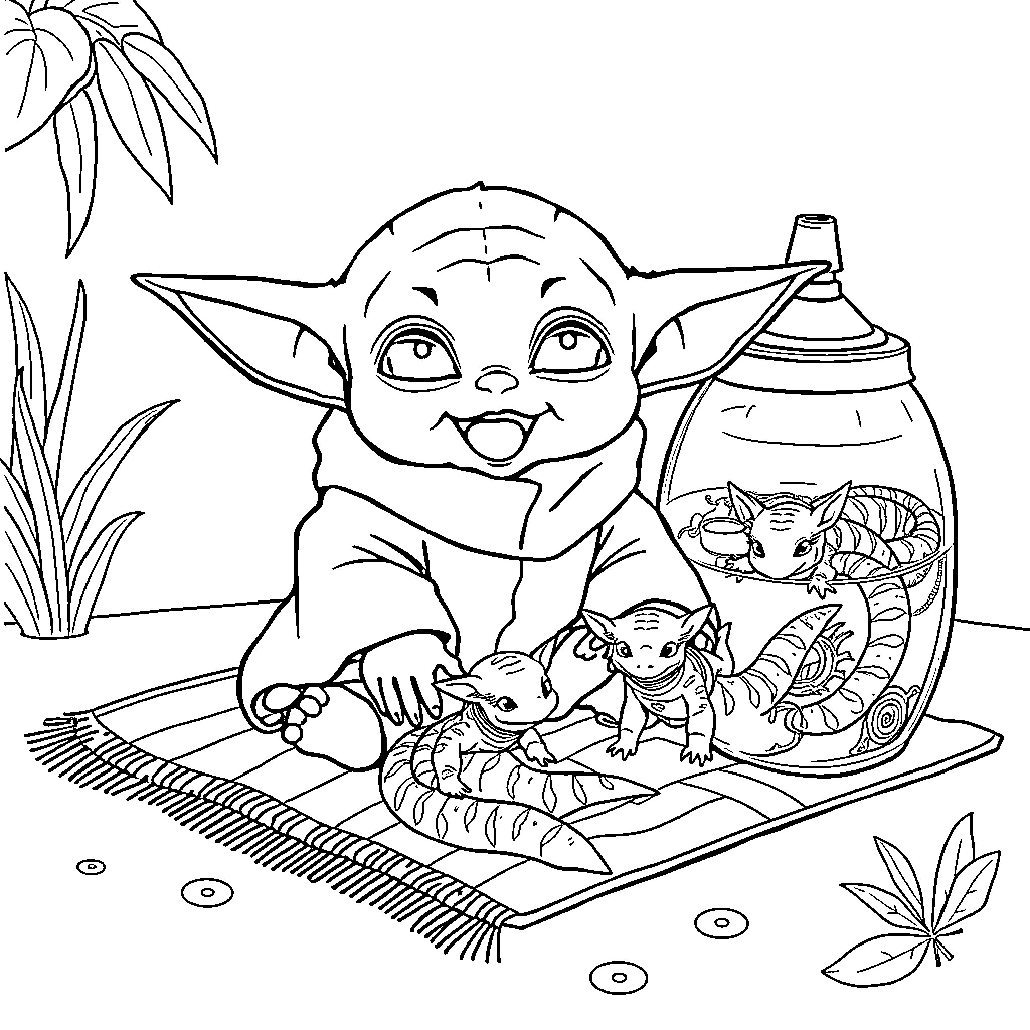 Baby Yoda Playing With Adorable Alien Creatures Coloring Page (free black-and-white line drawing printable PDF for all, from beginners to advanced learners, including children, teens, adults, and seniors)