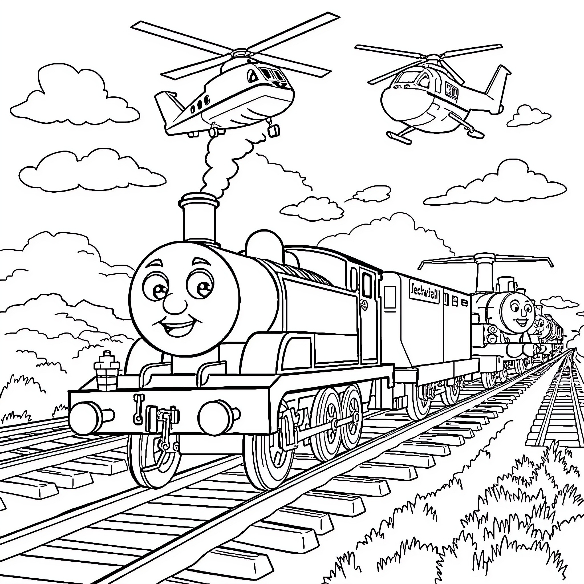 Thomas' Joyful Journey by Train and Helicopter Coloring Page (free black-and-white line drawing printable PDF for all, from beginners to advanced learners, including children, teens, adults, and seniors)