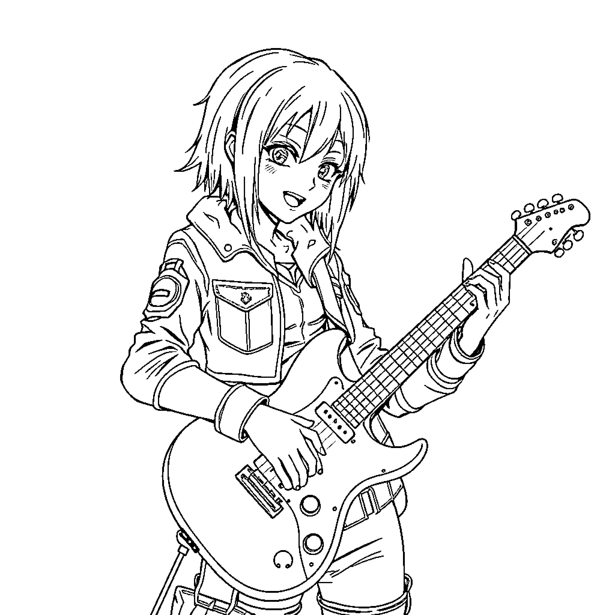 Mikasa playing electric guitar with enthusiasm Coloring Page (free black-and-white line drawing printable PDF for all, from beginners to advanced learners, including children, teens, adults, and seniors)