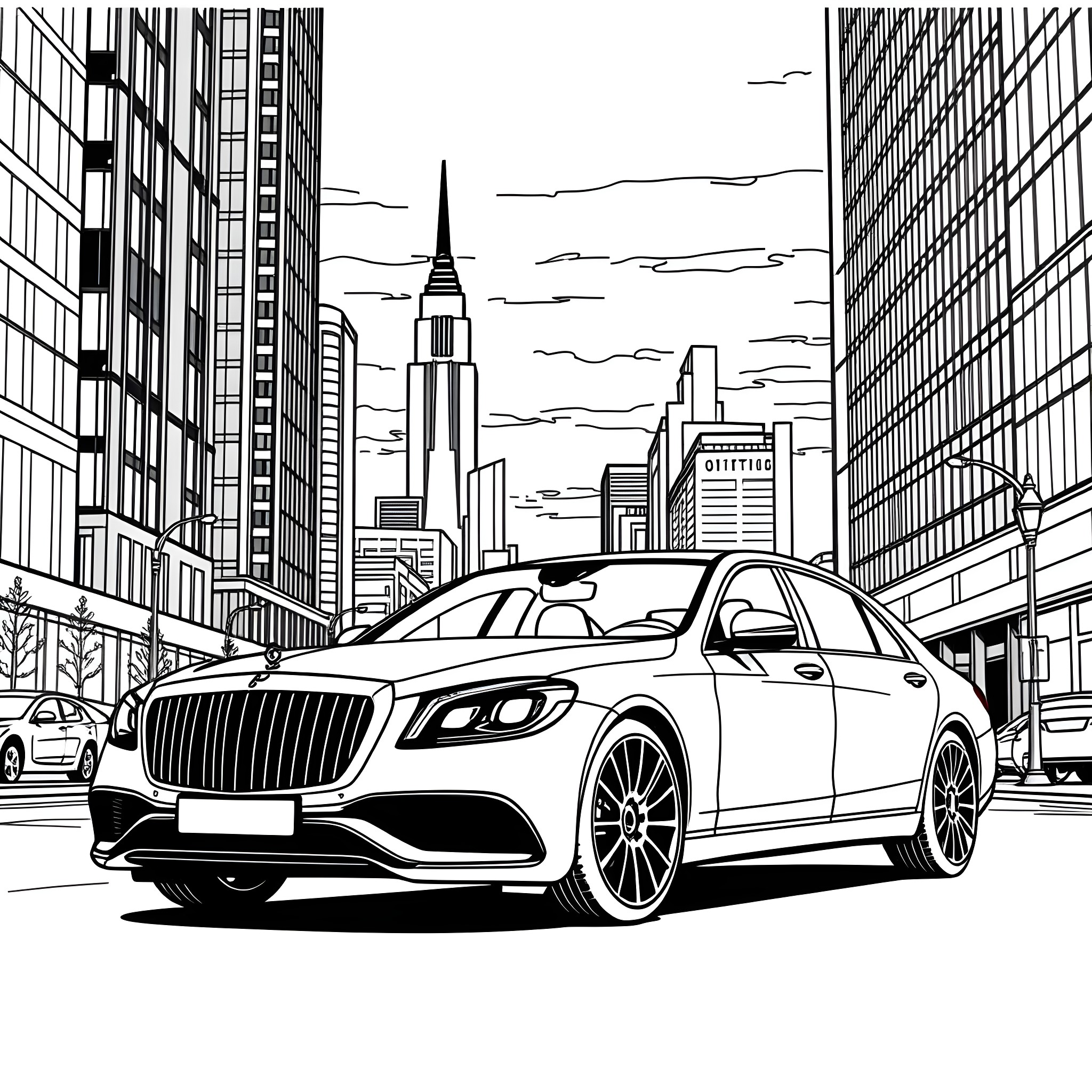Mercedes luxury car on city street Coloring Page (free black-and-white line drawing printable PDF for all, from beginners to advanced learners, including children, teens, adults, and seniors)
