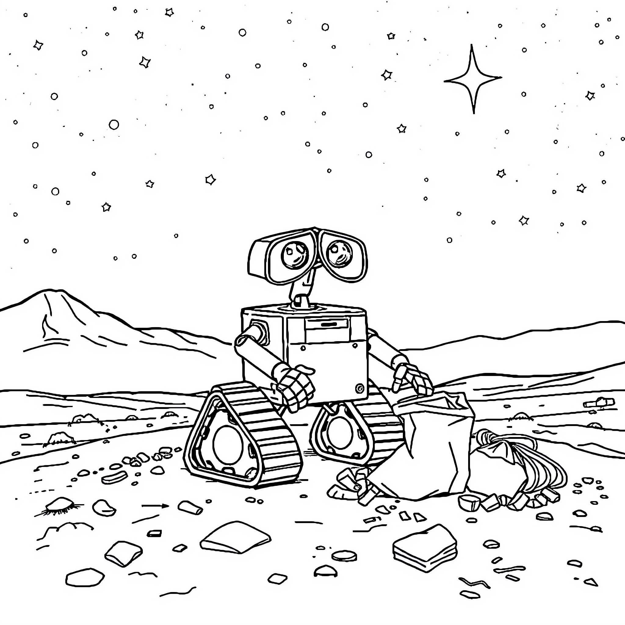 Wall-E exploring a desolate planet Coloring Page (free black-and-white line drawing printable PDF for all, from beginners to advanced learners, including children, teens, adults, and seniors)