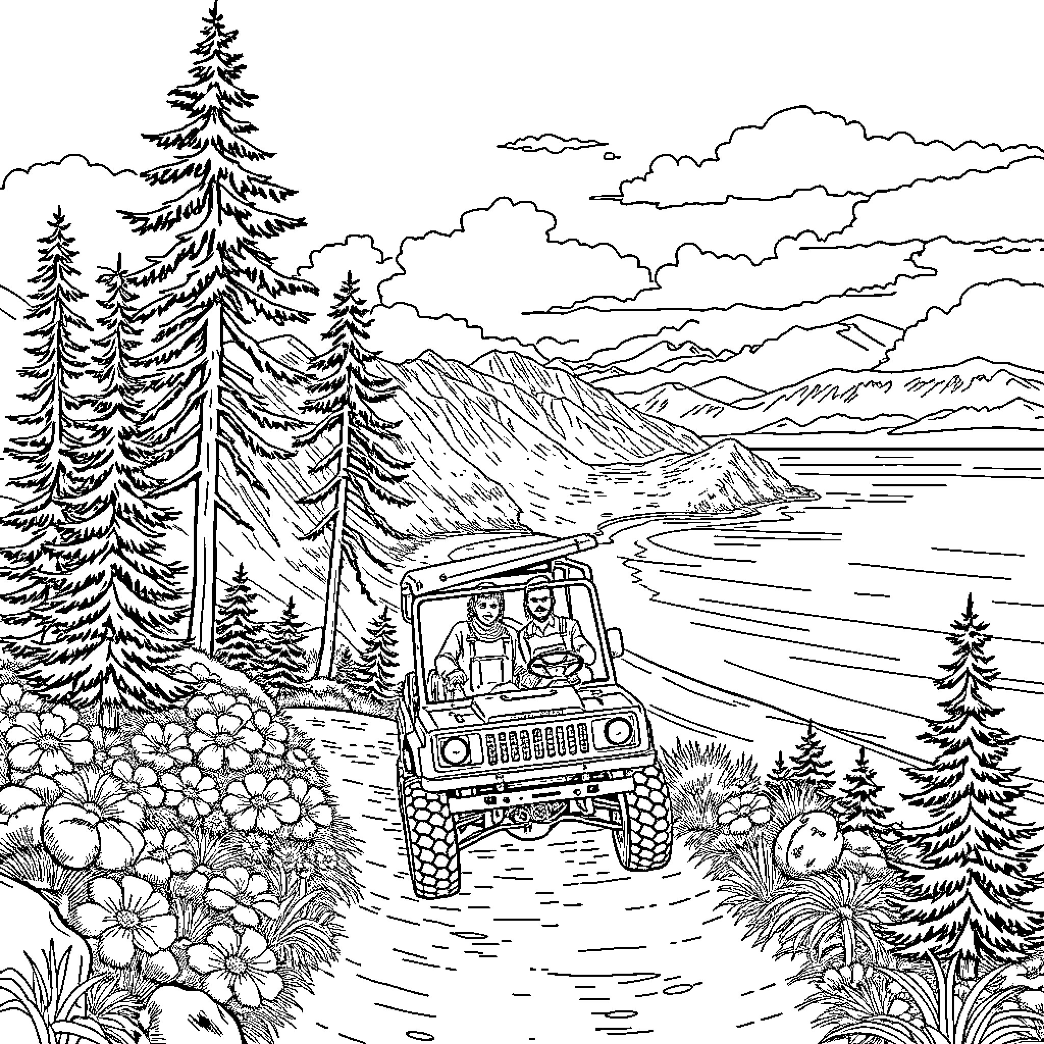 Person driving off-road vehicle through mountain landscape Coloring Page (free black-and-white line drawing printable PDF for all, from beginners to advanced learners, including children, teens, adults, and seniors)