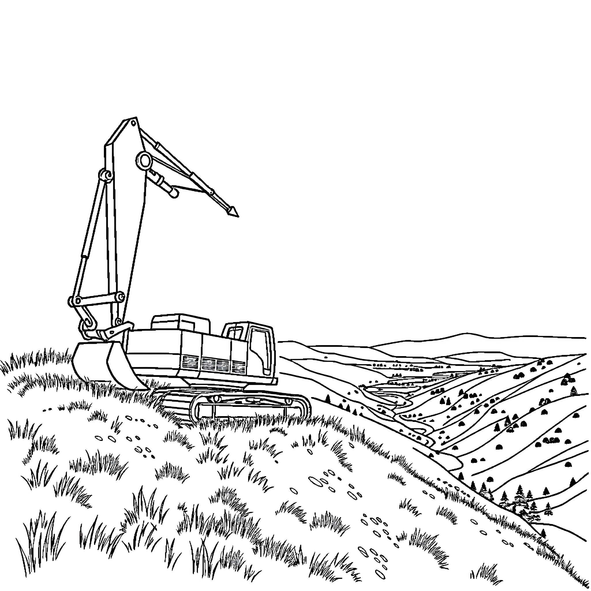 Excavator working in the countryside landscape Coloring Page (free black-and-white line drawing printable PDF for all, from beginners to advanced learners, including children, teens, adults, and seniors)
