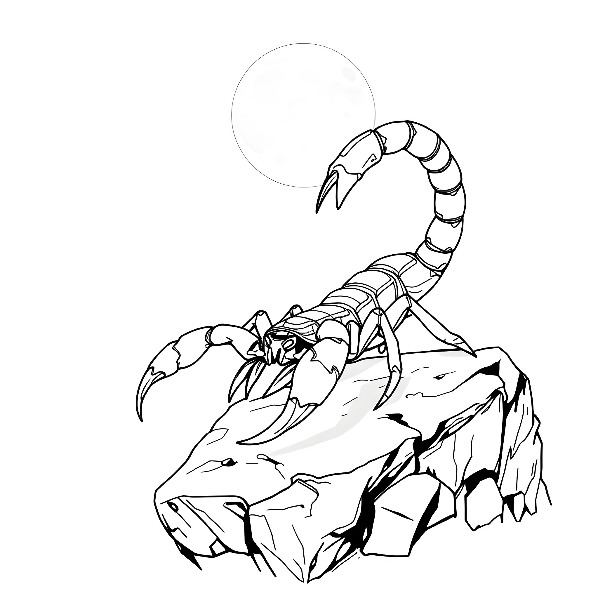 Scorpio stalking its prey on a rocky terrain Coloring Page (free black-and-white line drawing printable PDF for all, from beginners to advanced learners, including children, teens, adults, and seniors)