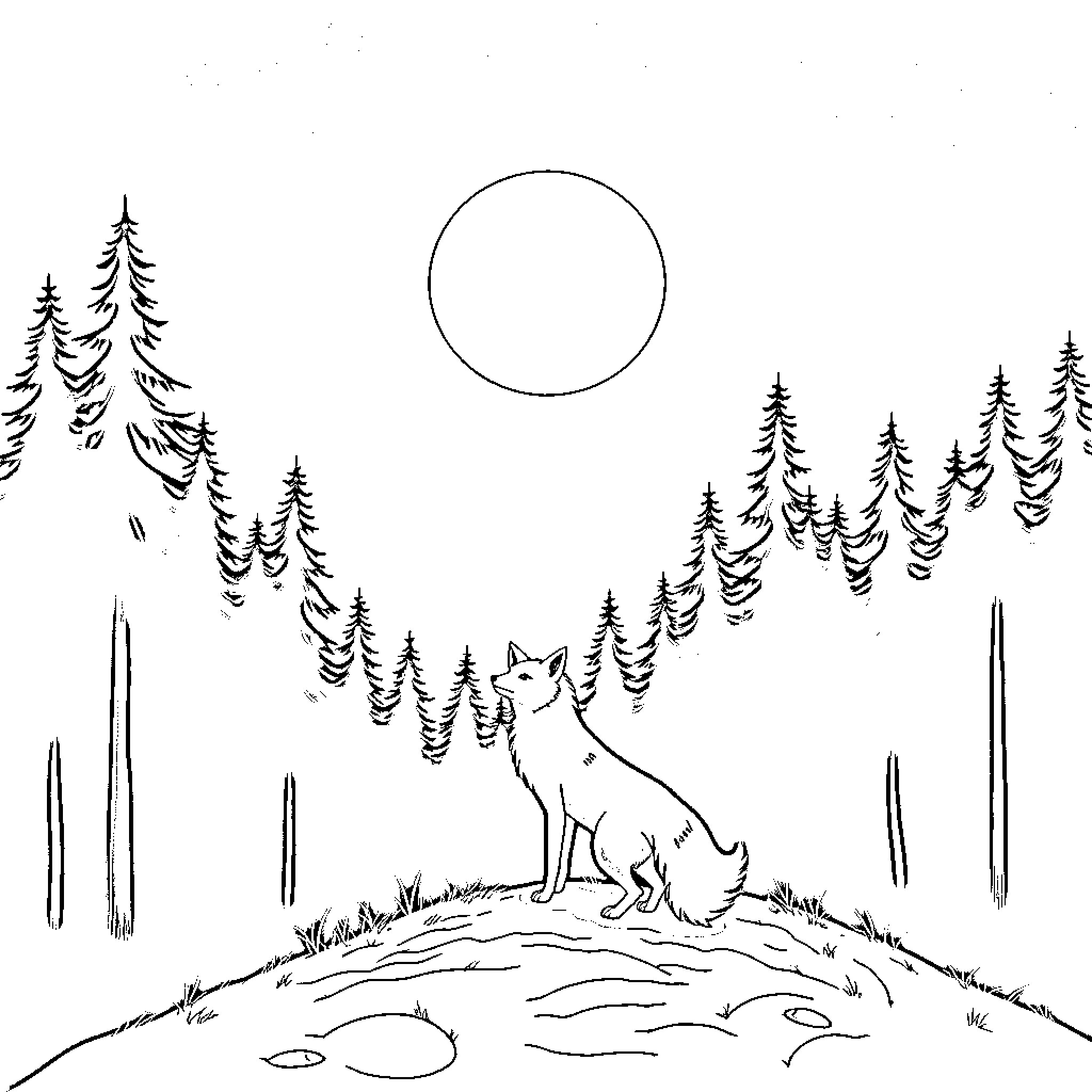 Kitsune fox in serene forest landscape Coloring Page (free black-and-white line drawing printable PDF for all, from beginners to advanced learners, including children, teens, adults, and seniors)