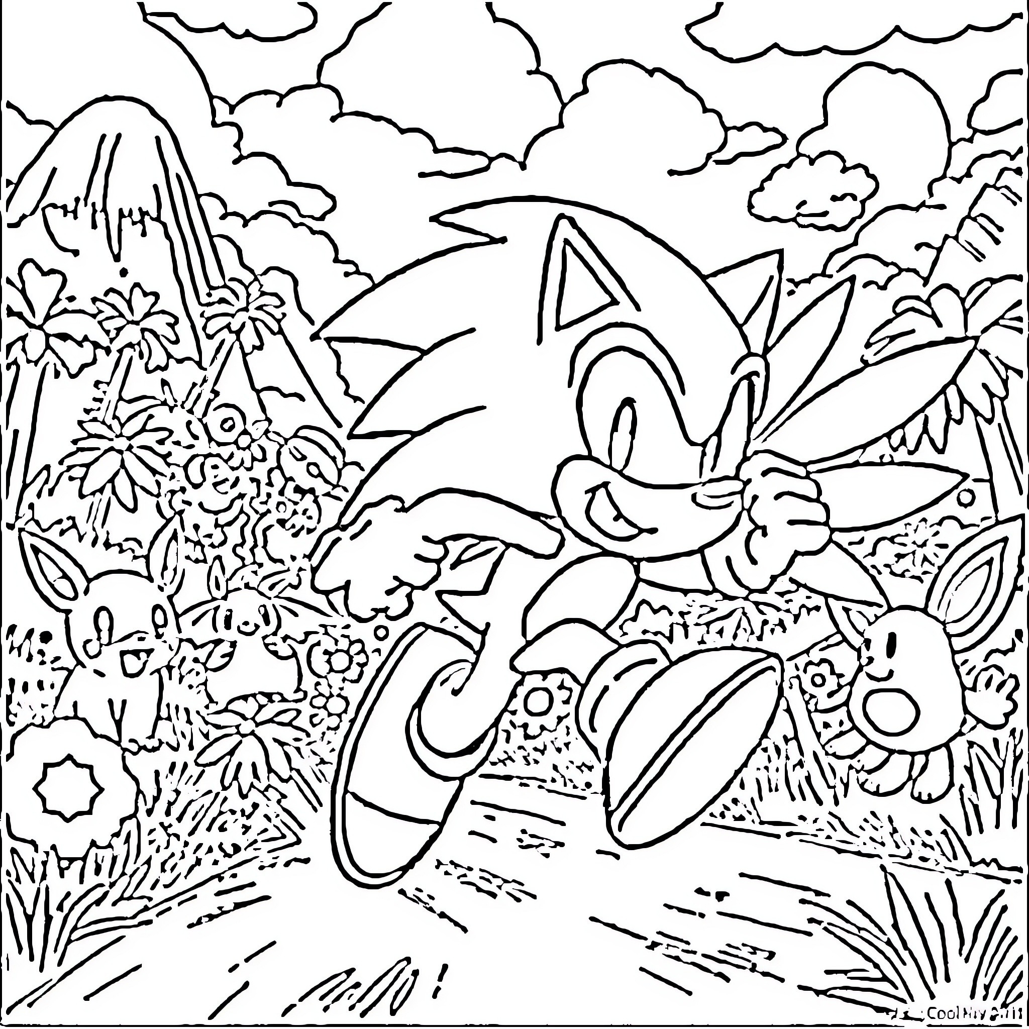 Sonic and Pokemon exploring the jungle landscape Coloring Page (free black-and-white line drawing printable PDF for all, from beginners to advanced learners, including children, teens, adults, and seniors)