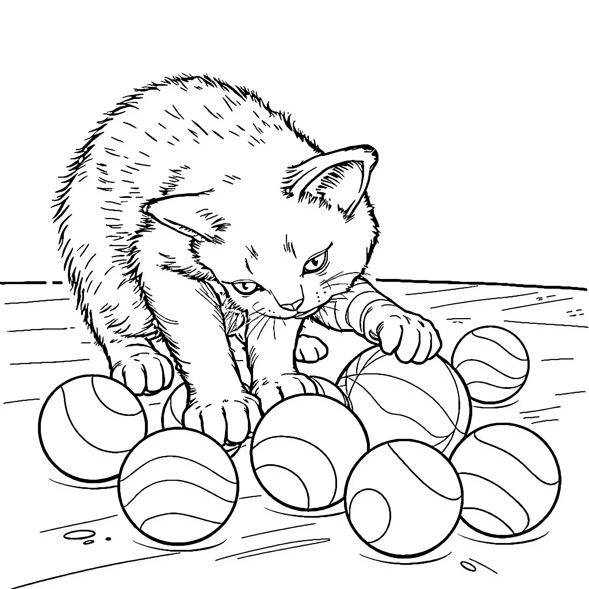 Cat playing with colorful balls Coloring Page (free black-and-white line drawing printable PDF for all, from beginners to advanced learners, including children, teens, adults, and seniors)