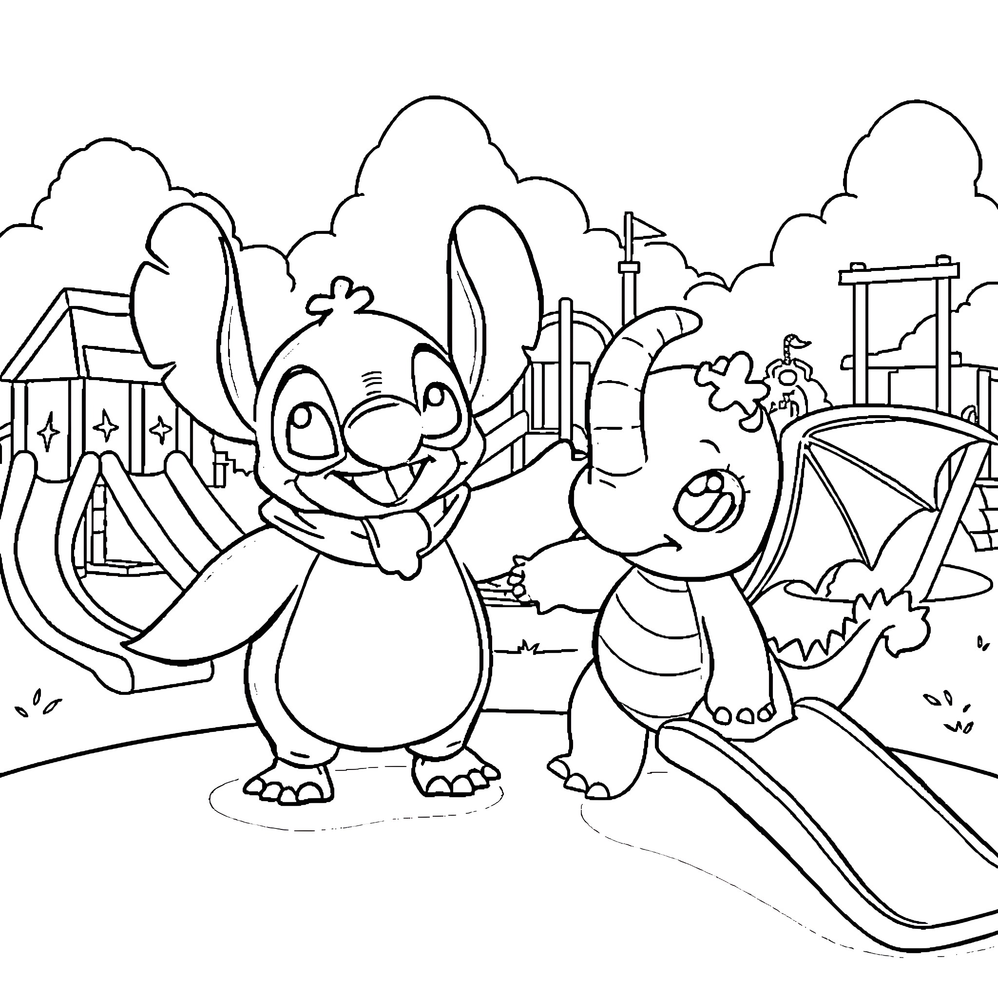 Penguin friends playing at the carnival Coloring Page (free black-and-white line drawing printable PDF for all, from beginners to advanced learners, including children, teens, adults, and seniors)