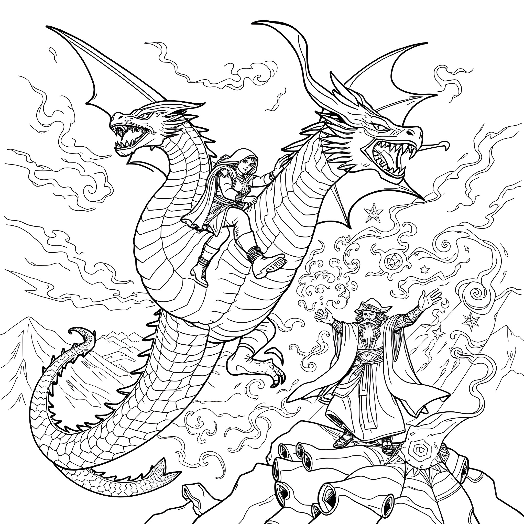 Dragon warriors battling in a fantastical landscape Coloring Page (free black-and-white line drawing printable PDF for all, from beginners to advanced learners, including children, teens, adults, and seniors)