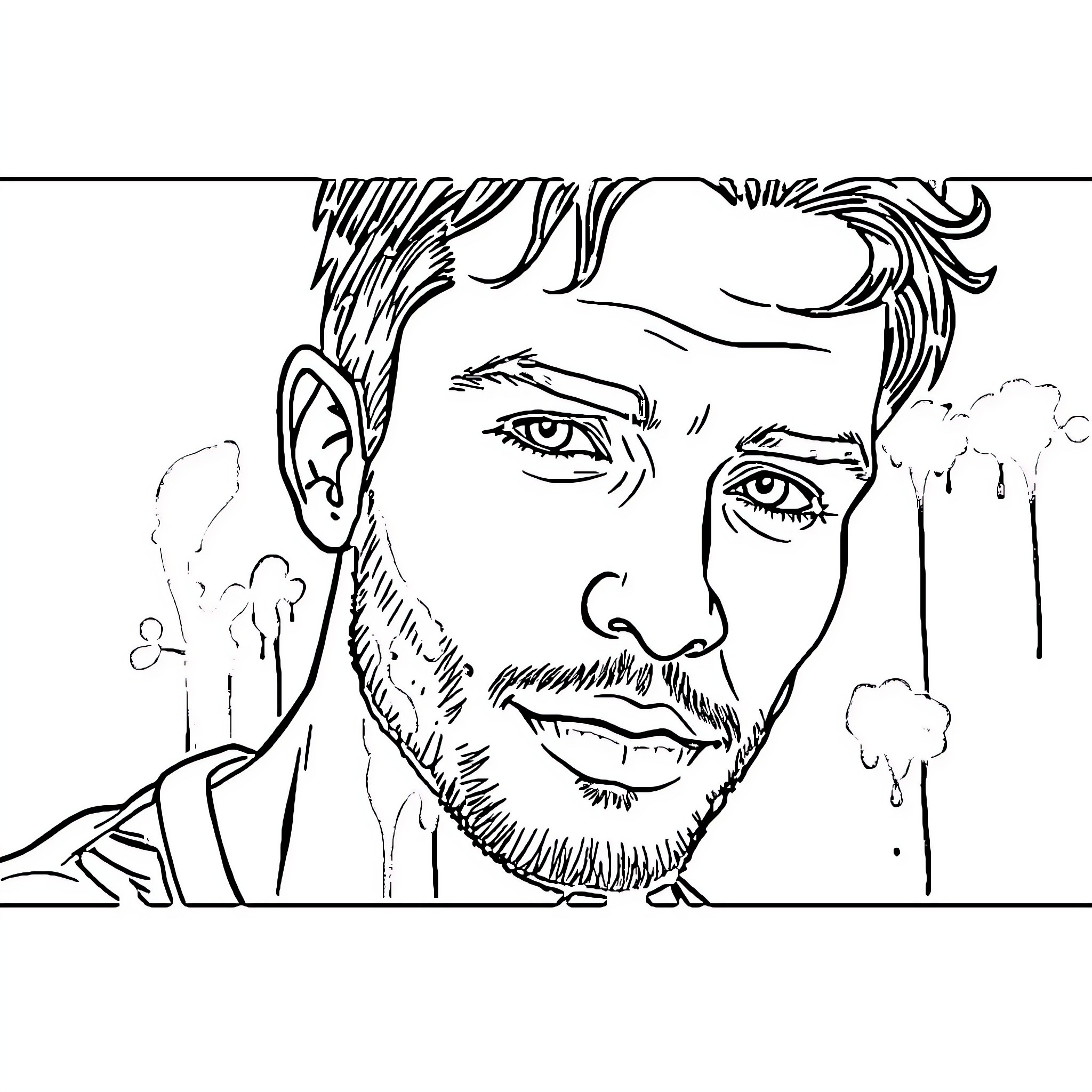 Self Portrait of a Thoughtful Man Coloring Page (free black-and-white line drawing printable PDF for all, from beginners to advanced learners, including children, teens, adults, and seniors)