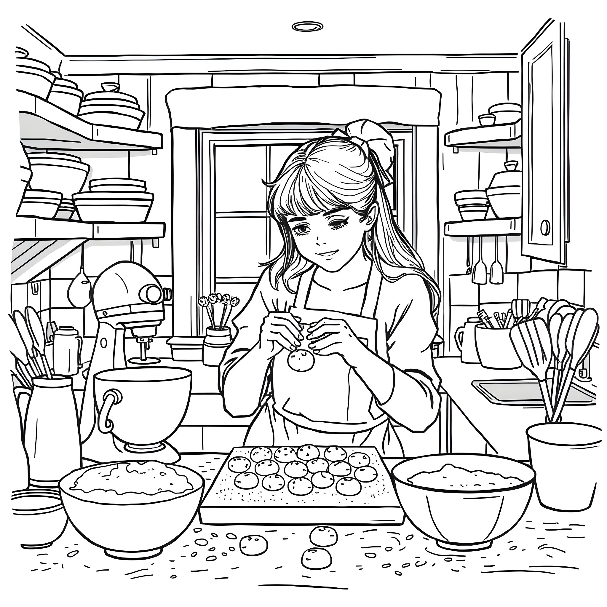 Elle Fanning baking in a cozy kitchen Coloring Page (free black-and-white line drawing printable PDF for all, from beginners to advanced learners, including children, teens, adults, and seniors)