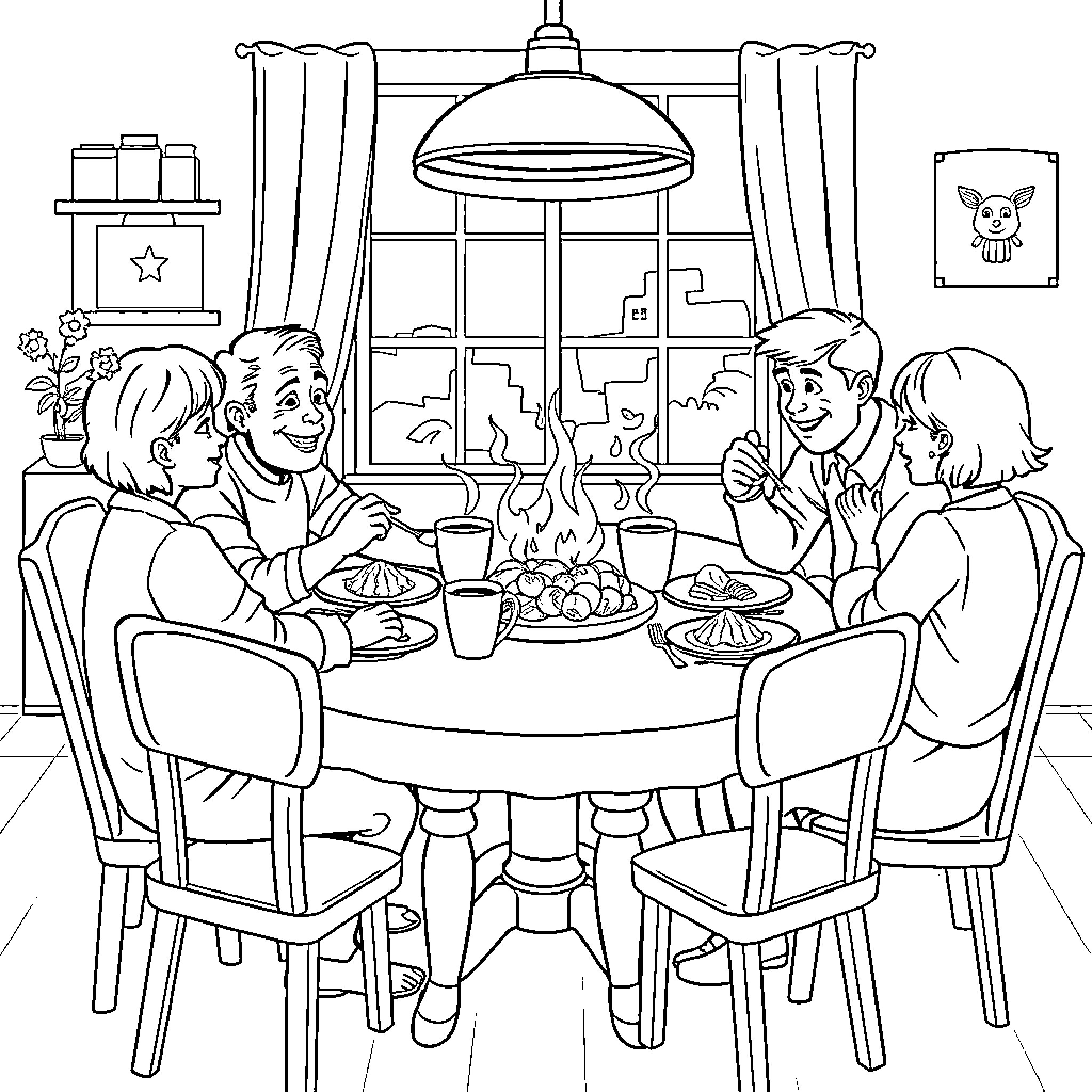 Family Enjoying Meal Together at Home Coloring Page (free black-and-white line drawing printable PDF for all, from beginners to advanced learners, including children, teens, adults, and seniors)