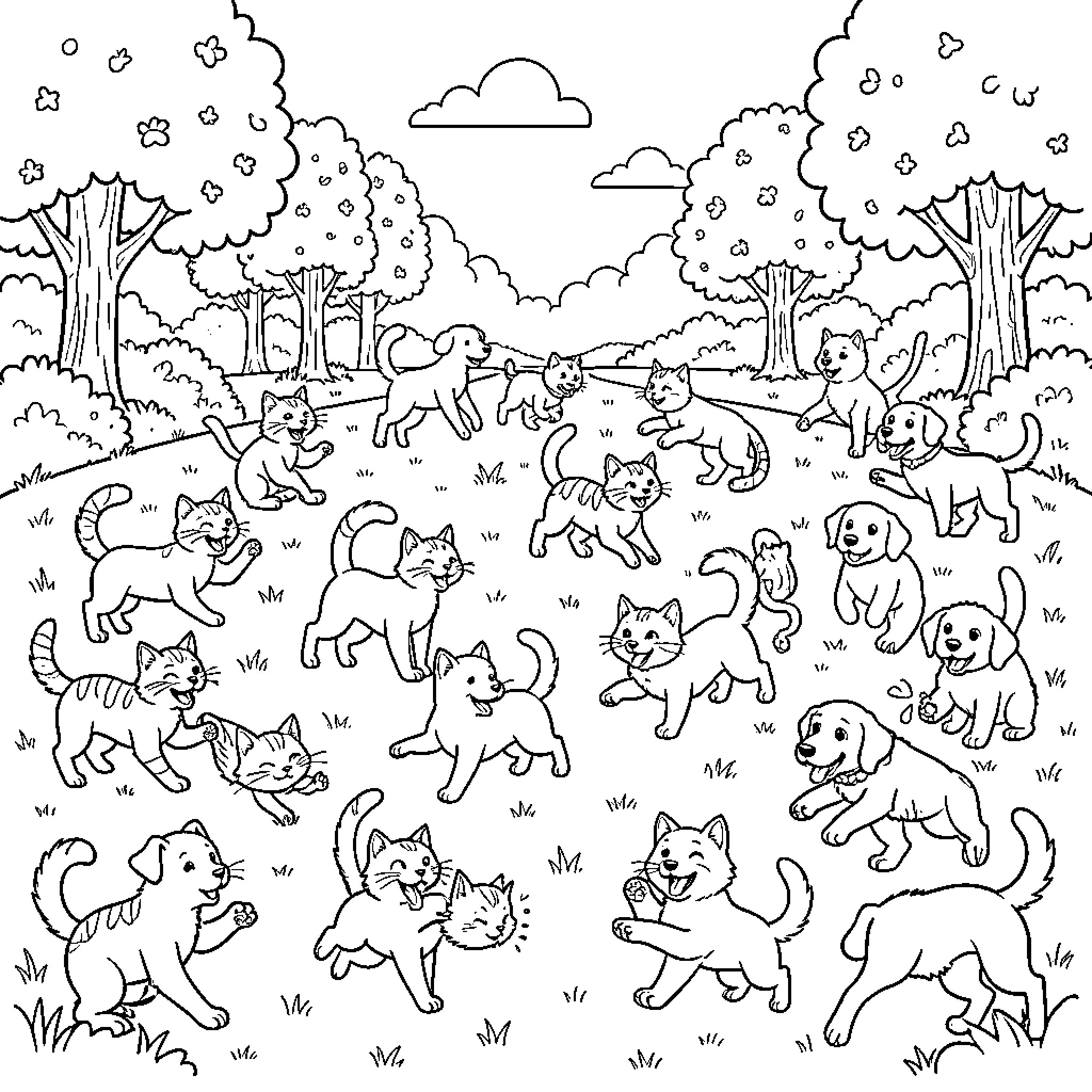 Cat gathering in the forest Coloring Page (free black-and-white line drawing printable PDF for all, from beginners to advanced learners, including children, teens, adults, and seniors)