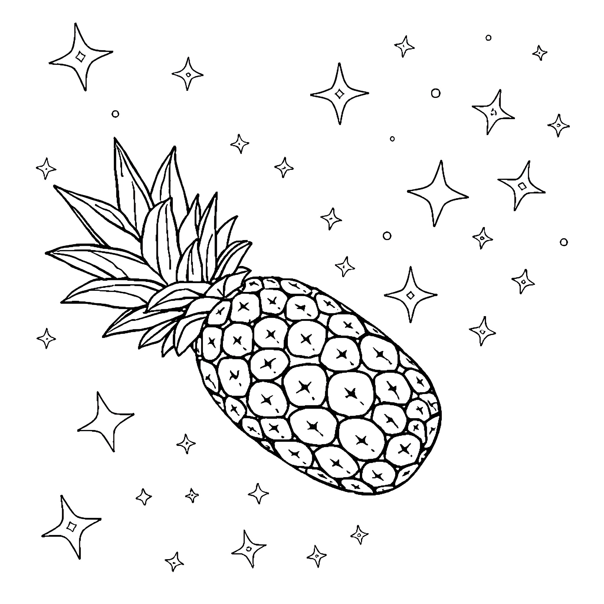 Pineapple surrounded by sparkling stars Coloring Page (free black-and-white line drawing printable PDF for all, from beginners to advanced learners, including children, teens, adults, and seniors)
