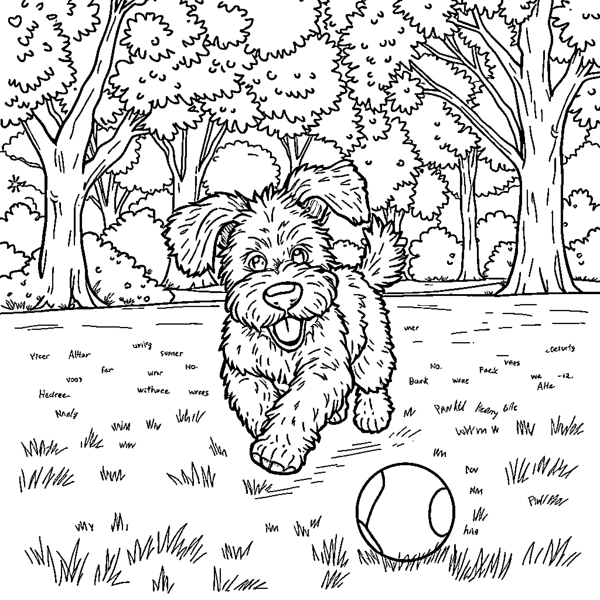 Doodle of a playful puppy in a forest clearing Coloring Page (free black-and-white line drawing printable PDF for all, from beginners to advanced learners, including children, teens, adults, and seniors)