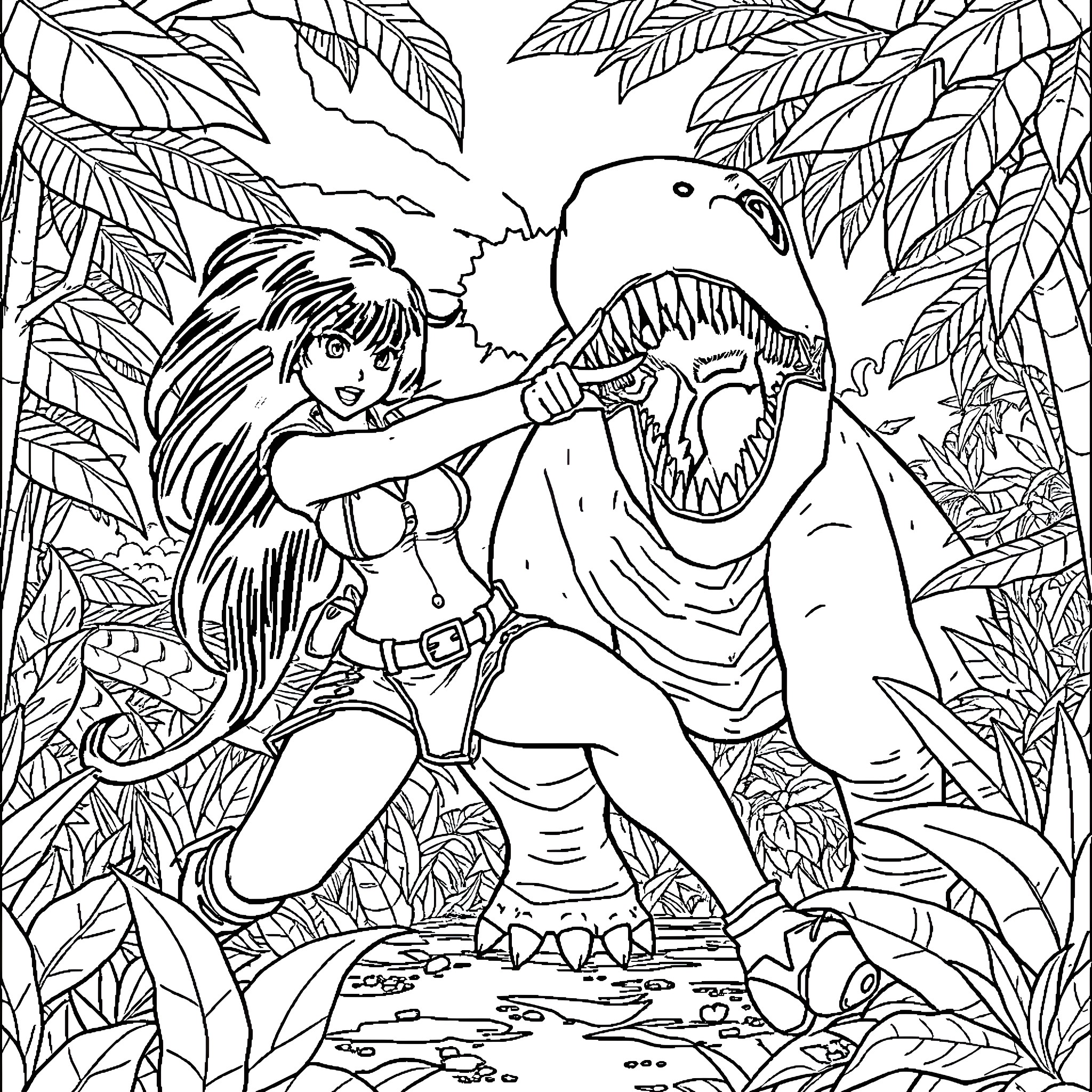 Tifa fighting a monstrous creature in the jungle Coloring Page (free black-and-white line drawing printable PDF for all, from beginners to advanced learners, including children, teens, adults, and seniors)