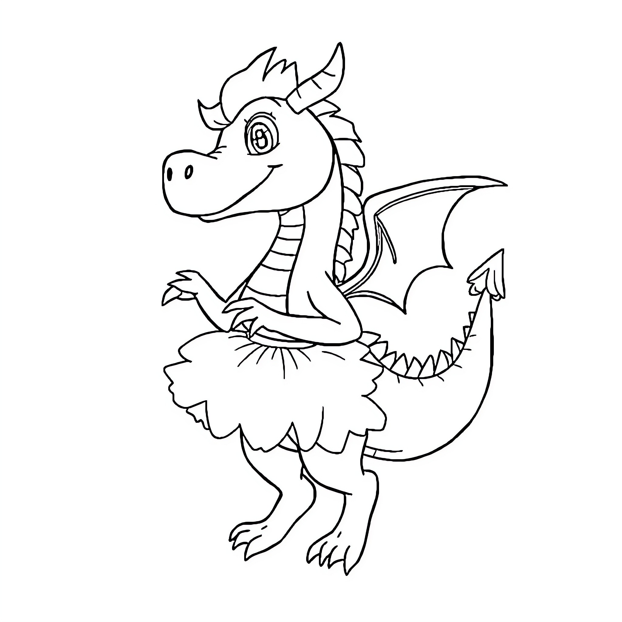 Dragon hatchling stretching its wings Coloring Page (free black-and-white line drawing printable PDF for all, from beginners to advanced learners, including children, teens, adults, and seniors)