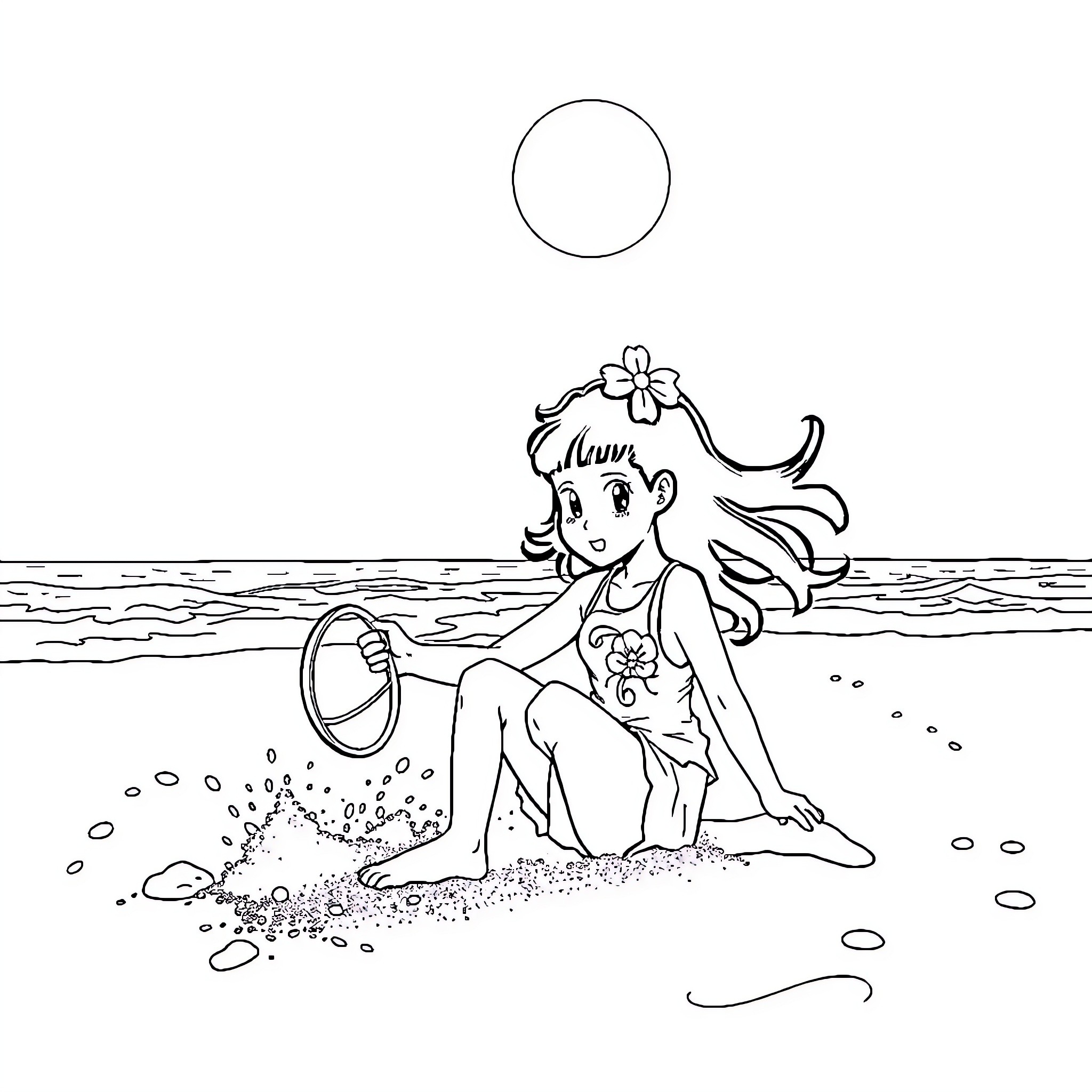 Nezuko playing with seashells on the beach Coloring Page (free black-and-white line drawing printable PDF for all, from beginners to advanced learners, including children, teens, adults, and seniors)
