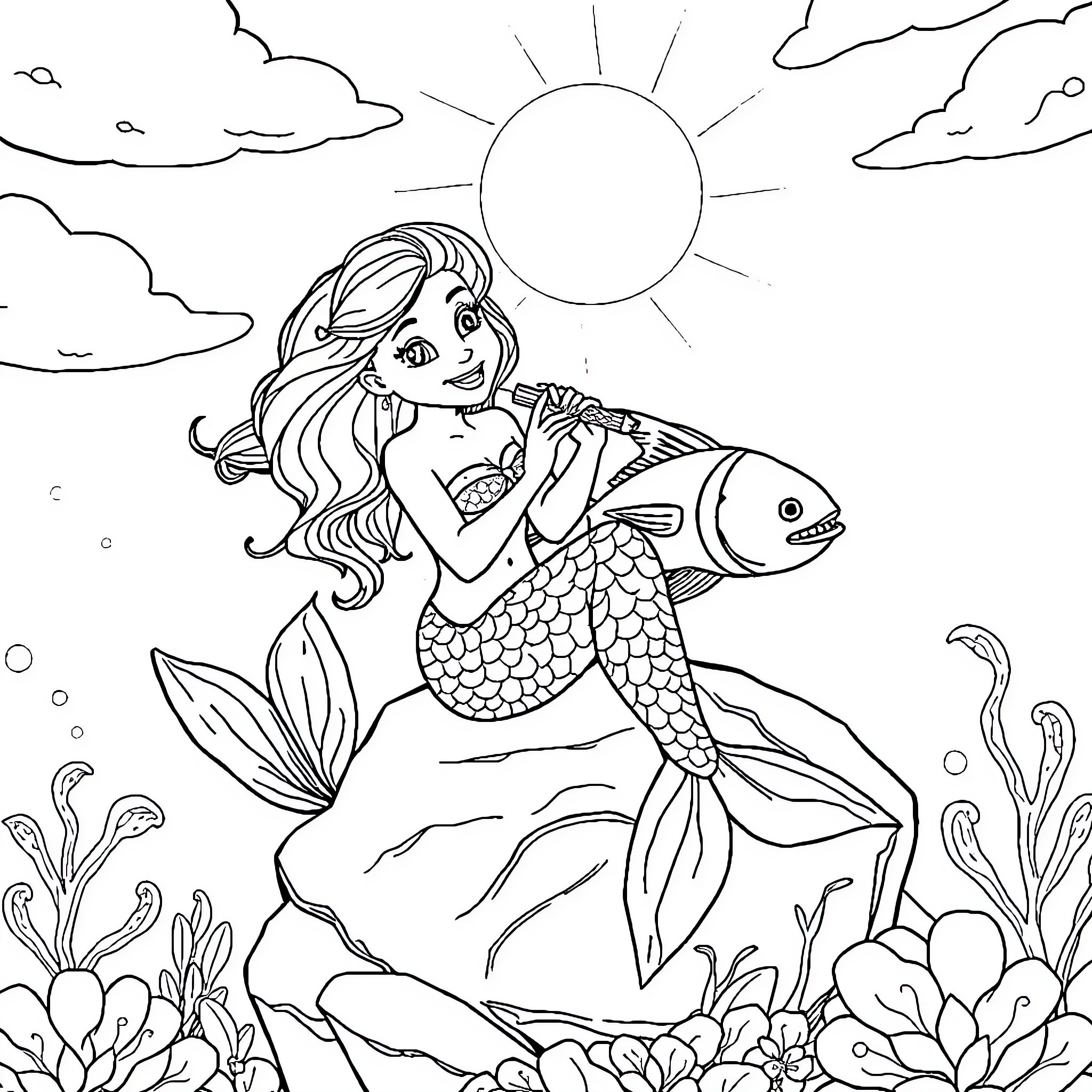 Mermaid Resting Peacefully in the Ocean Coloring Page (free black-and-white line drawing printable PDF for all, from beginners to advanced learners, including children, teens, adults, and seniors)