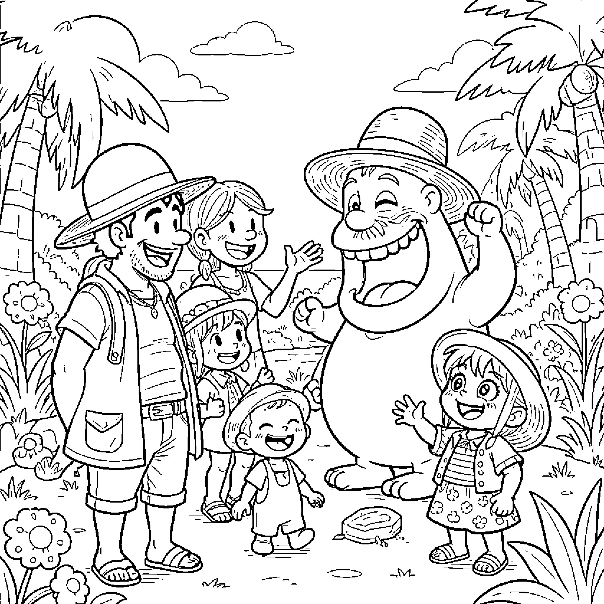 One Piece Family Fun in Tropical Paradise Coloring Page (free black-and-white line drawing printable PDF for all, from beginners to advanced learners, including children, teens, adults, and seniors)