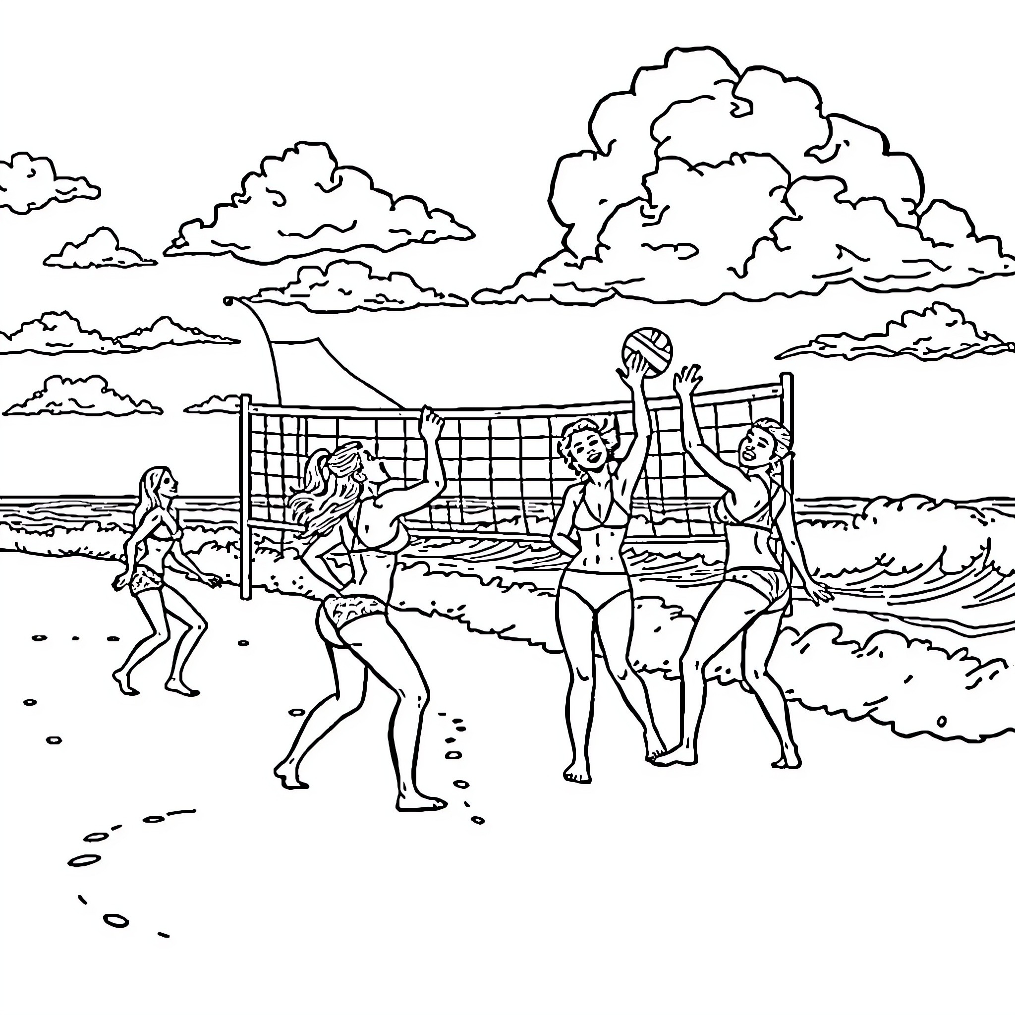 Beach Volleyball Players Competing on the Sand Coloring Page (free black-and-white line drawing printable PDF for all, from beginners to advanced learners, including children, teens, adults, and seniors)