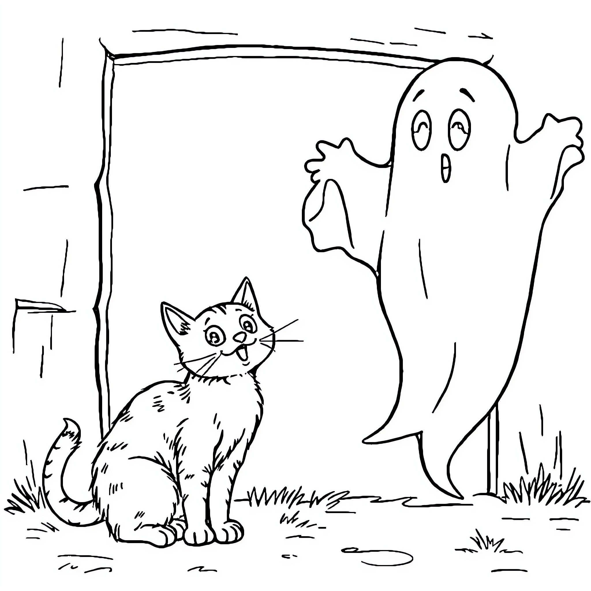 Ghost scaring a curious cat Coloring Page (free black-and-white line drawing printable PDF for all, from beginners to advanced learners, including children, teens, adults, and seniors)