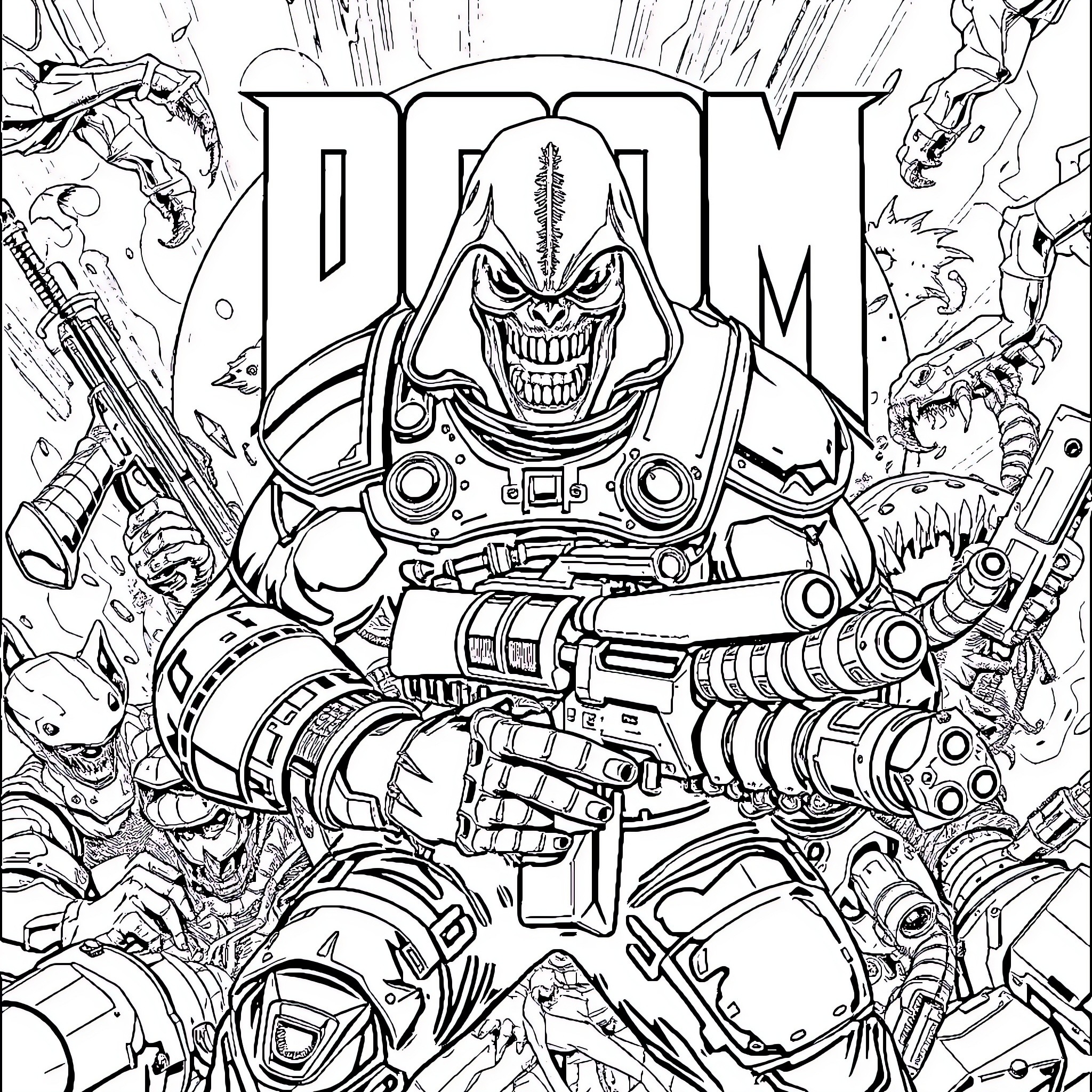 Doom - Terrifying Cyborg Warrior in Chaotic Battle Coloring Page (free black-and-white line drawing printable PDF for all, from beginners to advanced learners, including children, teens, adults, and seniors)