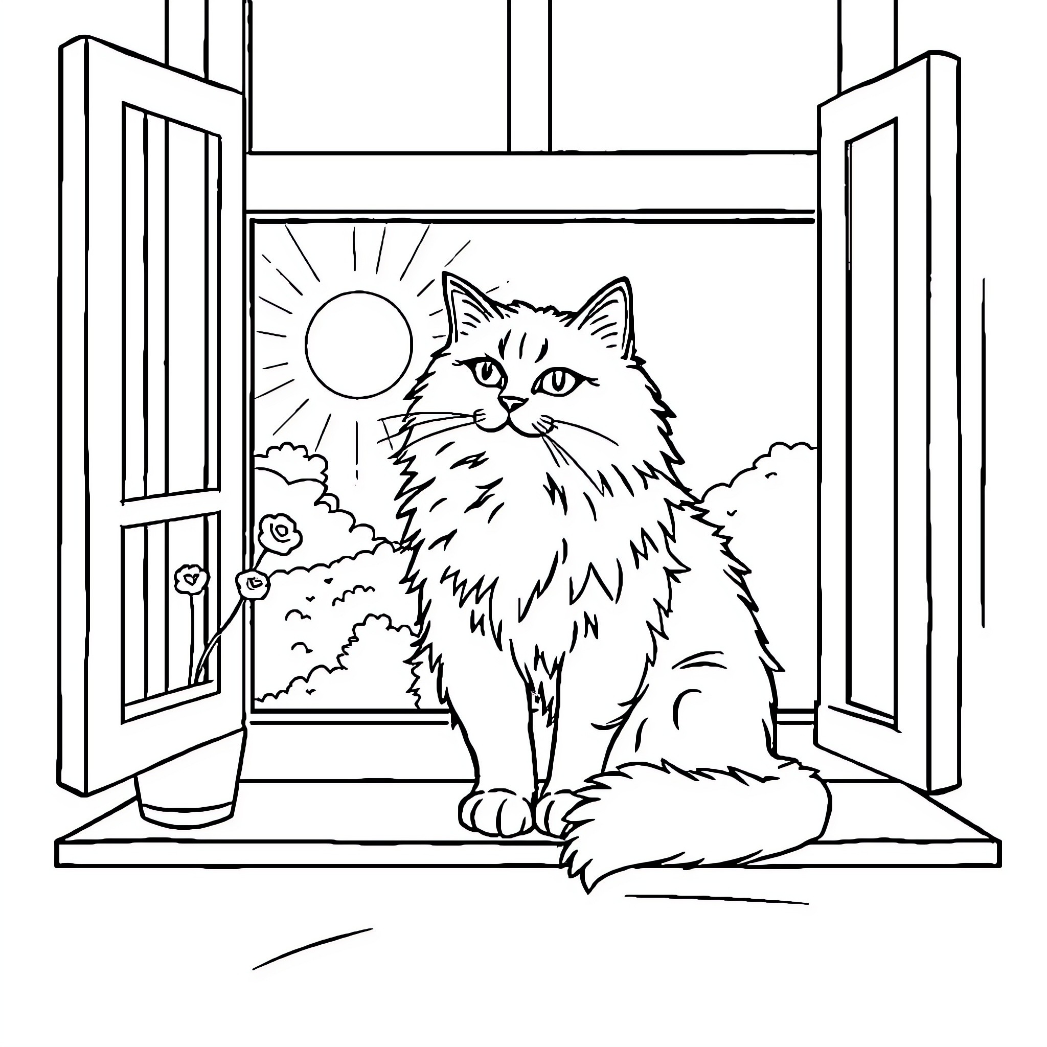 Cat looking out window on sunny day Coloring Page (free black-and-white line drawing printable PDF for all, from beginners to advanced learners, including children, teens, adults, and seniors)