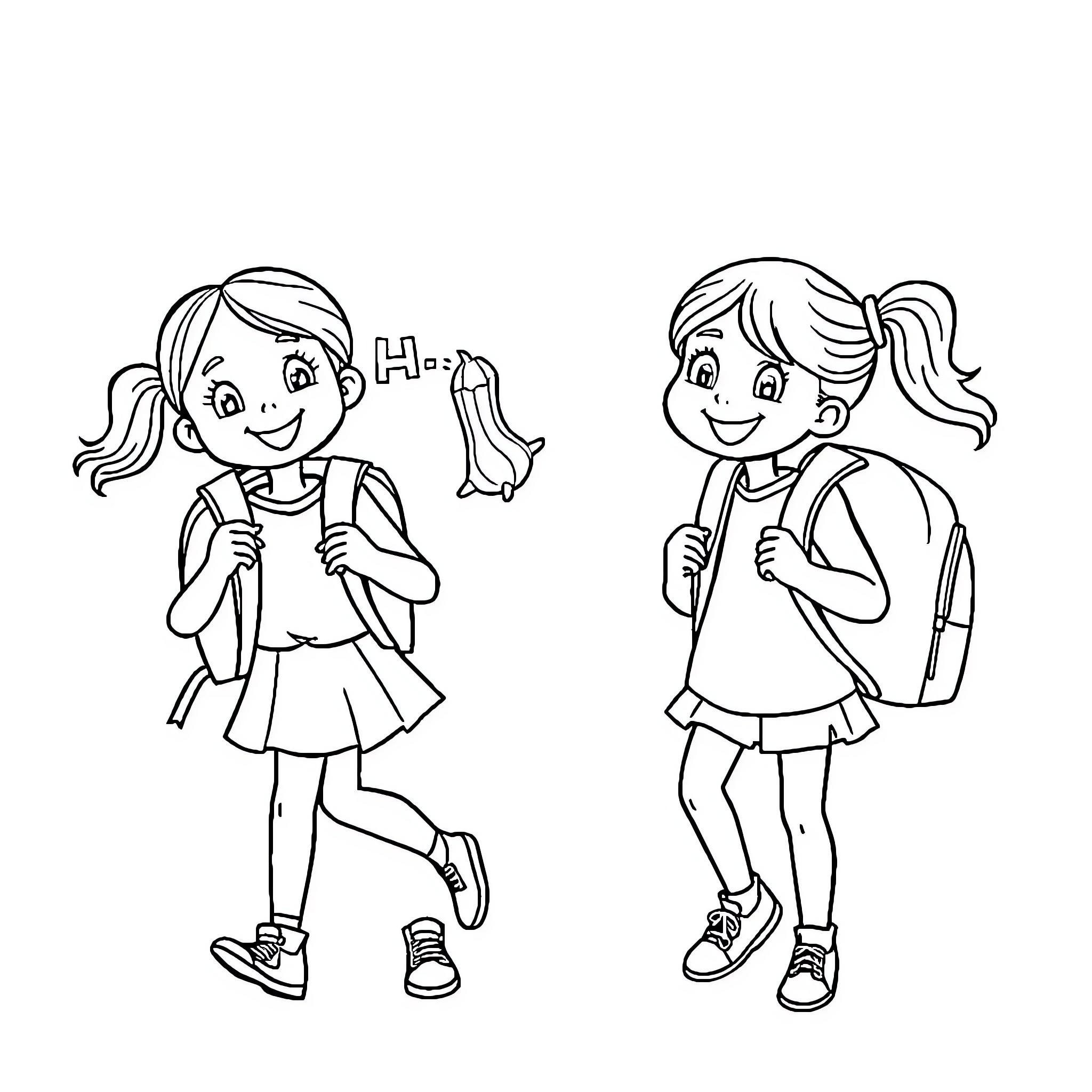 Girls Happily Going to School Coloring Page (free black-and-white line drawing printable PDF for all, from beginners to advanced learners, including children, teens, adults, and seniors)