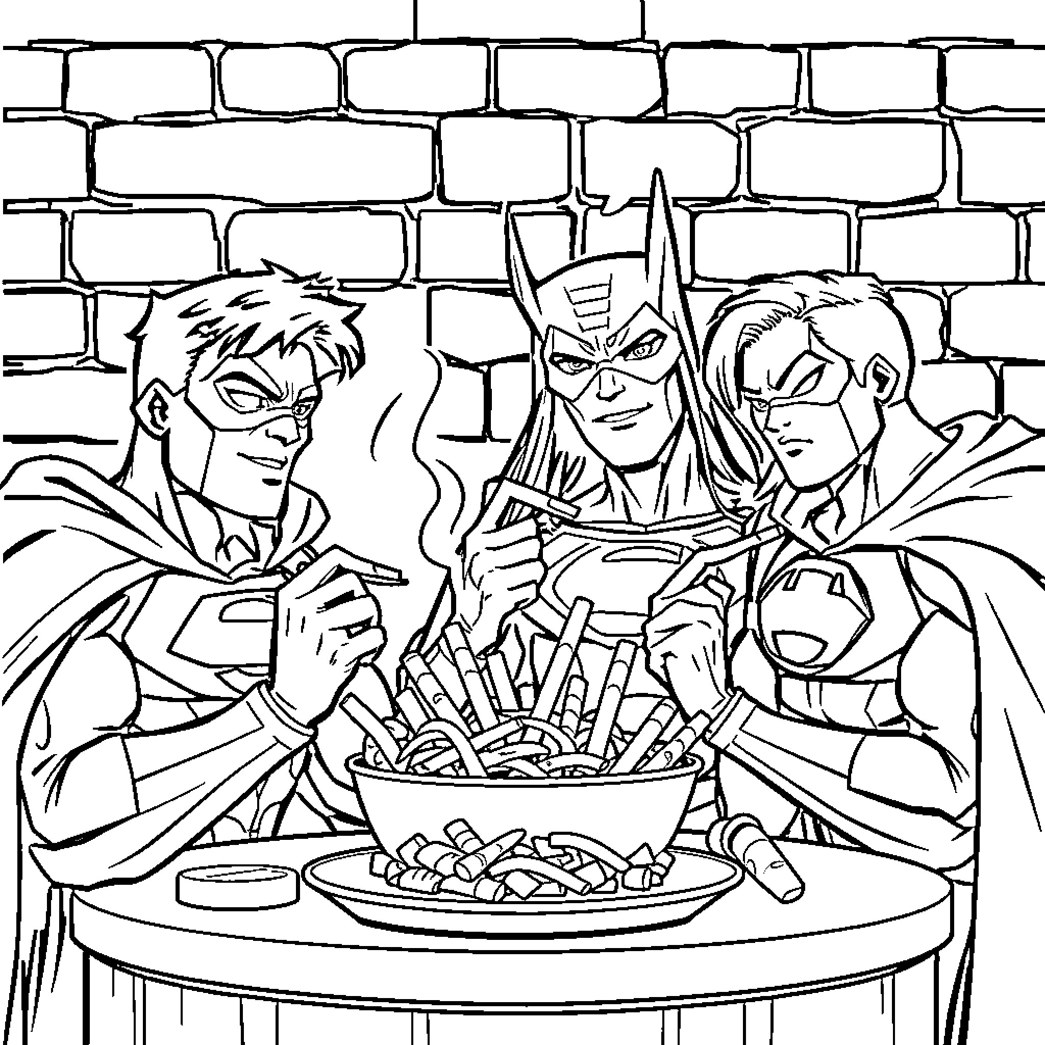 Superhero team having a casual meal together Coloring Page (free black-and-white line drawing printable PDF for all, from beginners to advanced learners, including children, teens, adults, and seniors)