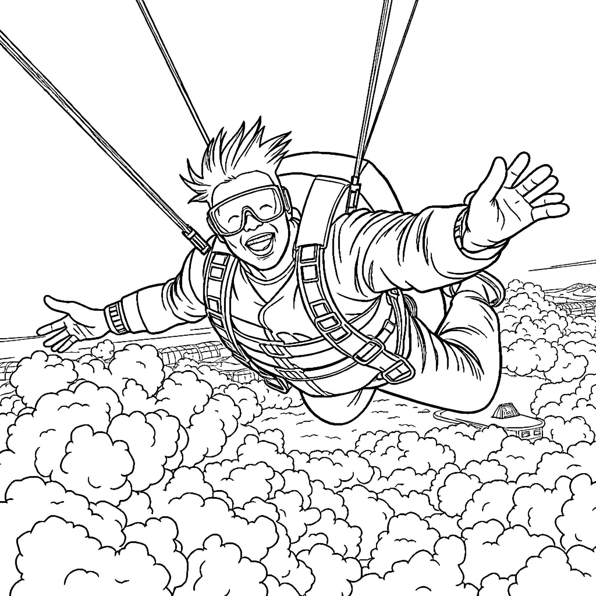 Juice Wrld skydiving with excitement Coloring Page (free black-and-white line drawing printable PDF for all, from beginners to advanced learners, including children, teens, adults, and seniors)