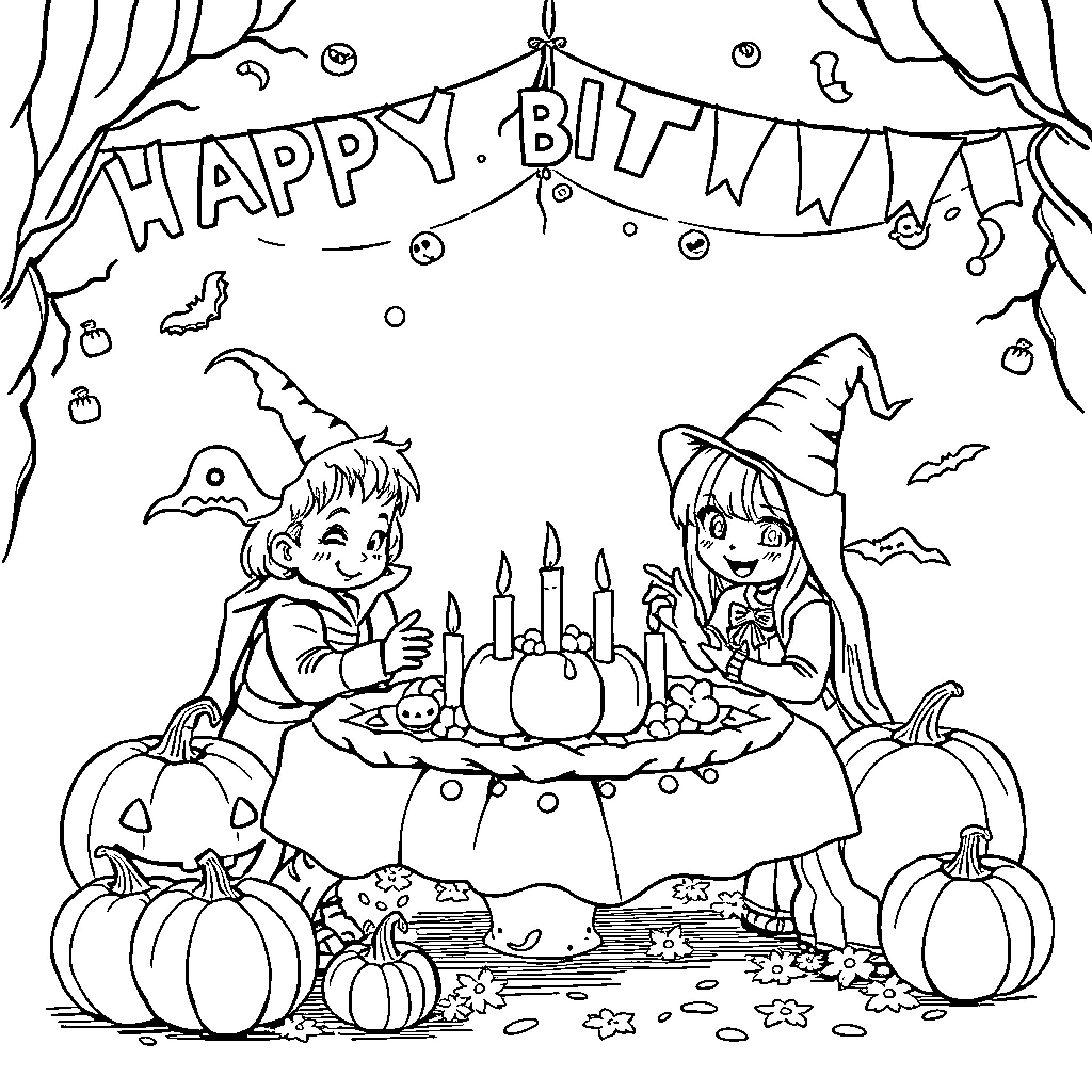 Halloween party with children celebrating Coloring Page (free black-and-white line drawing printable PDF for all, from beginners to advanced learners, including children, teens, adults, and seniors)
