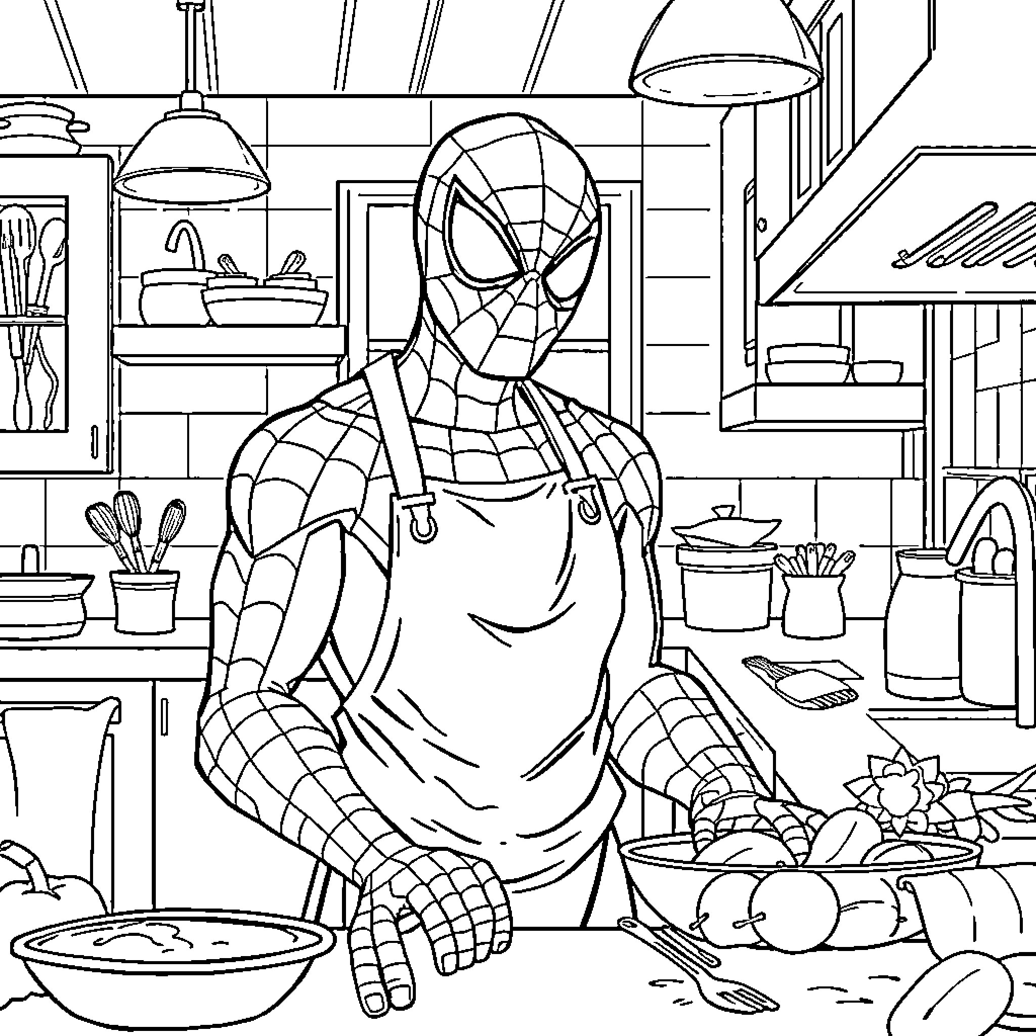Spiderman in the kitchen cooking a meal Coloring Page (free black-and-white line drawing printable PDF for all, from beginners to advanced learners, including children, teens, adults, and seniors)